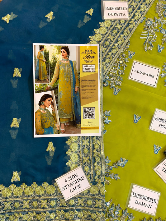 Heer Collection Wedding Design #121 – Heavy Embroidered Organza Dress with Adda Work & Malai Trouser