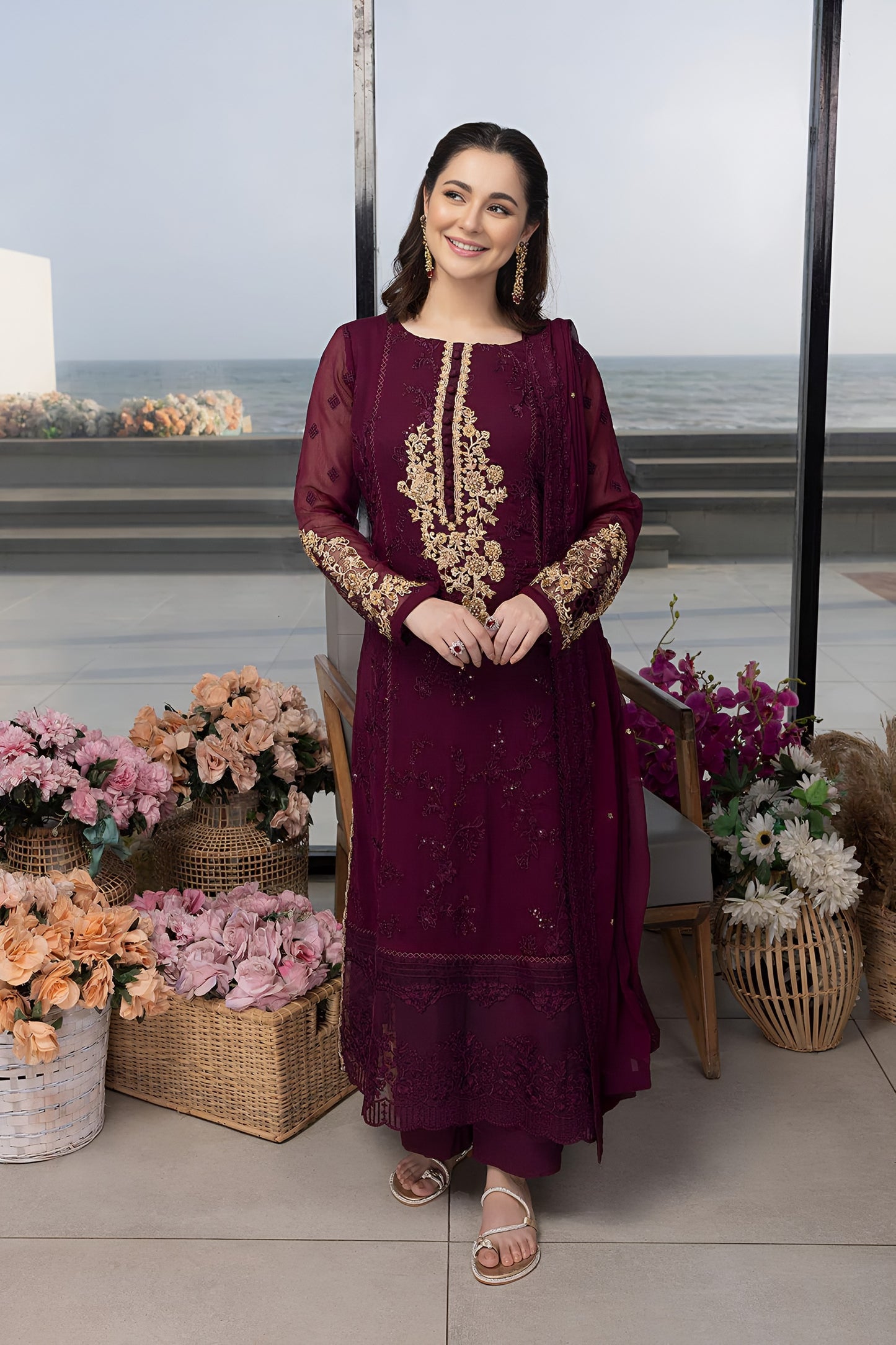 Azure Chiffon Embroidered Master Copy – Luxury Unstitched Suit with Malai Trouser & Adda Work