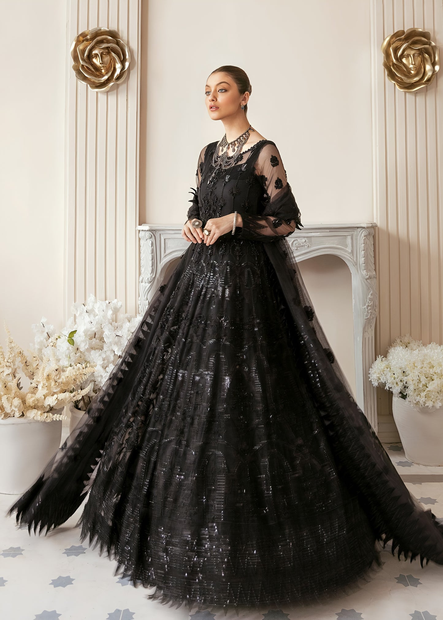 Akbar Aslam Black Beauty Maxi – Embroidered Net Suit
