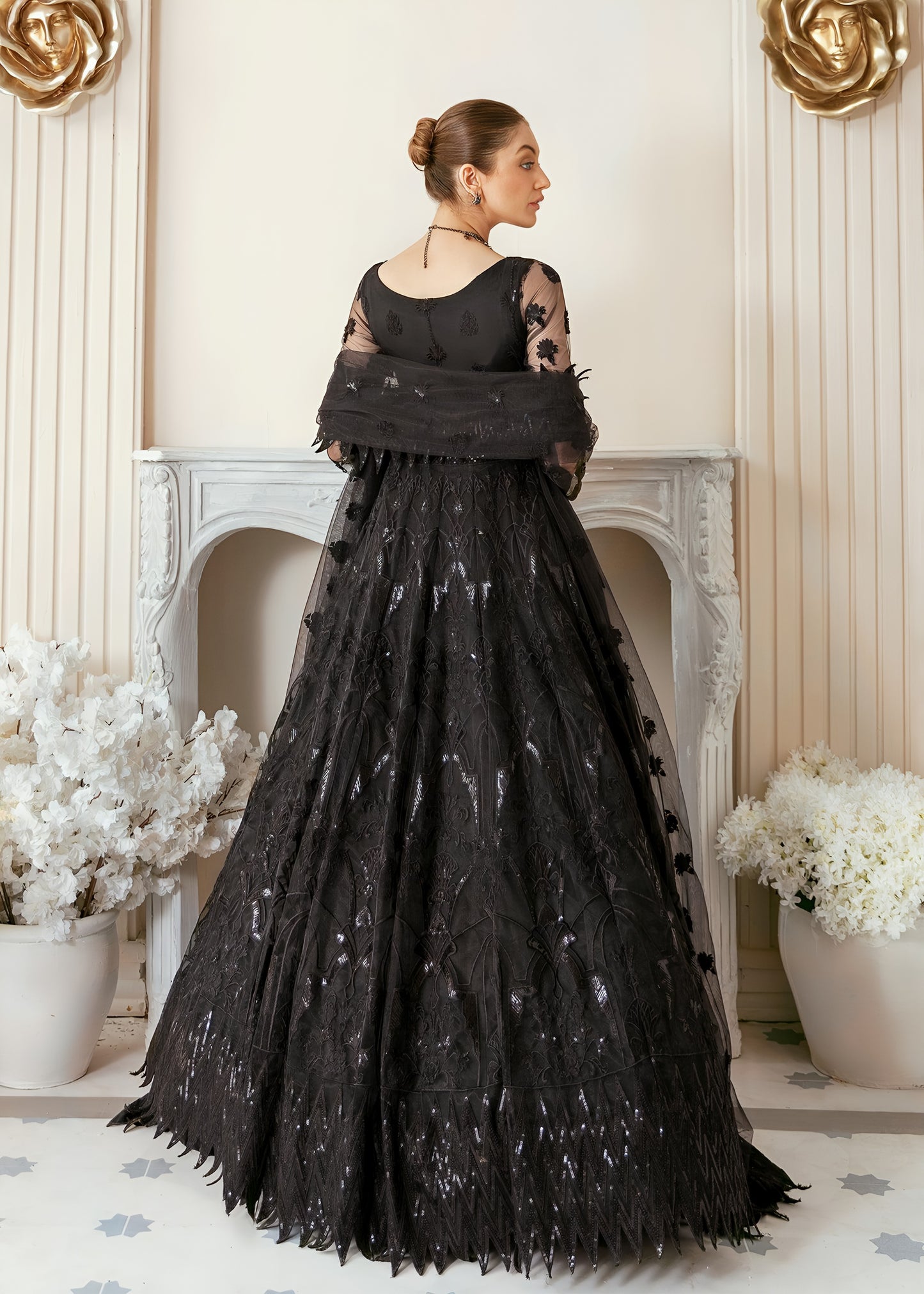 Akbar Aslam Black Beauty Maxi – Embroidered Net Suit
