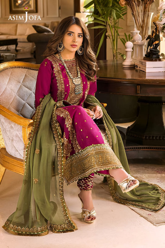 Asim Jofa Mahru & Noorie Collection AJSM-D01 – Embroidered Chiffon Suit with Malai Trouser