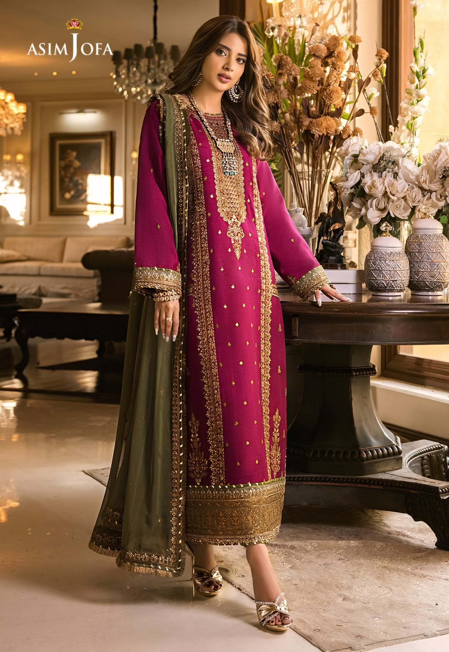 Asim Jofa Mahru & Noorie Collection AJSM-D01 – Embroidered Chiffon Suit with Malai Trouser