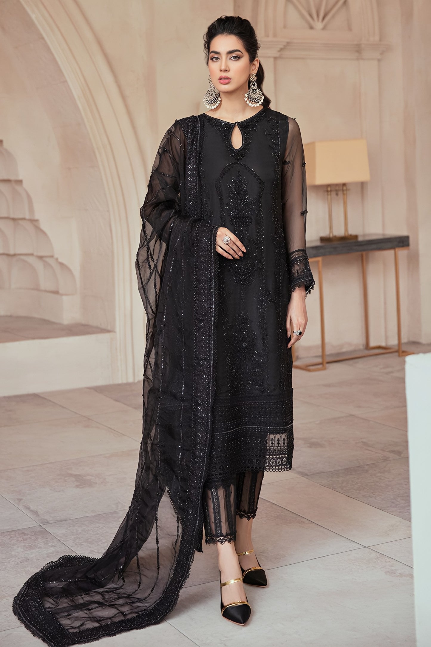 MUSHQ Wedding Edition – Hand Embroidered Net Suit with Organza Daman & Silk Trouser