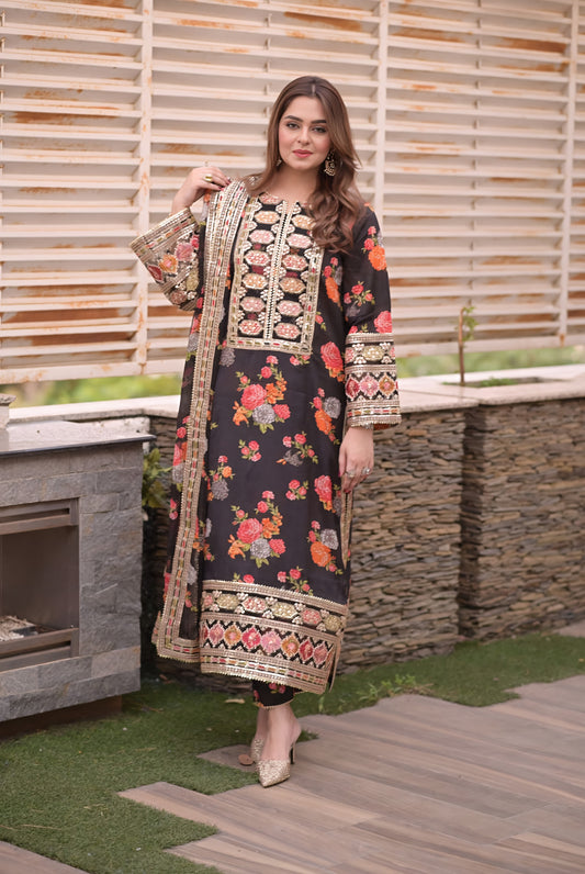 Ahmozi Aneelas Collection Unstitched 3-Piece Suit – Heavy Embroidered Shmoz Silk Shirt & Dupatta