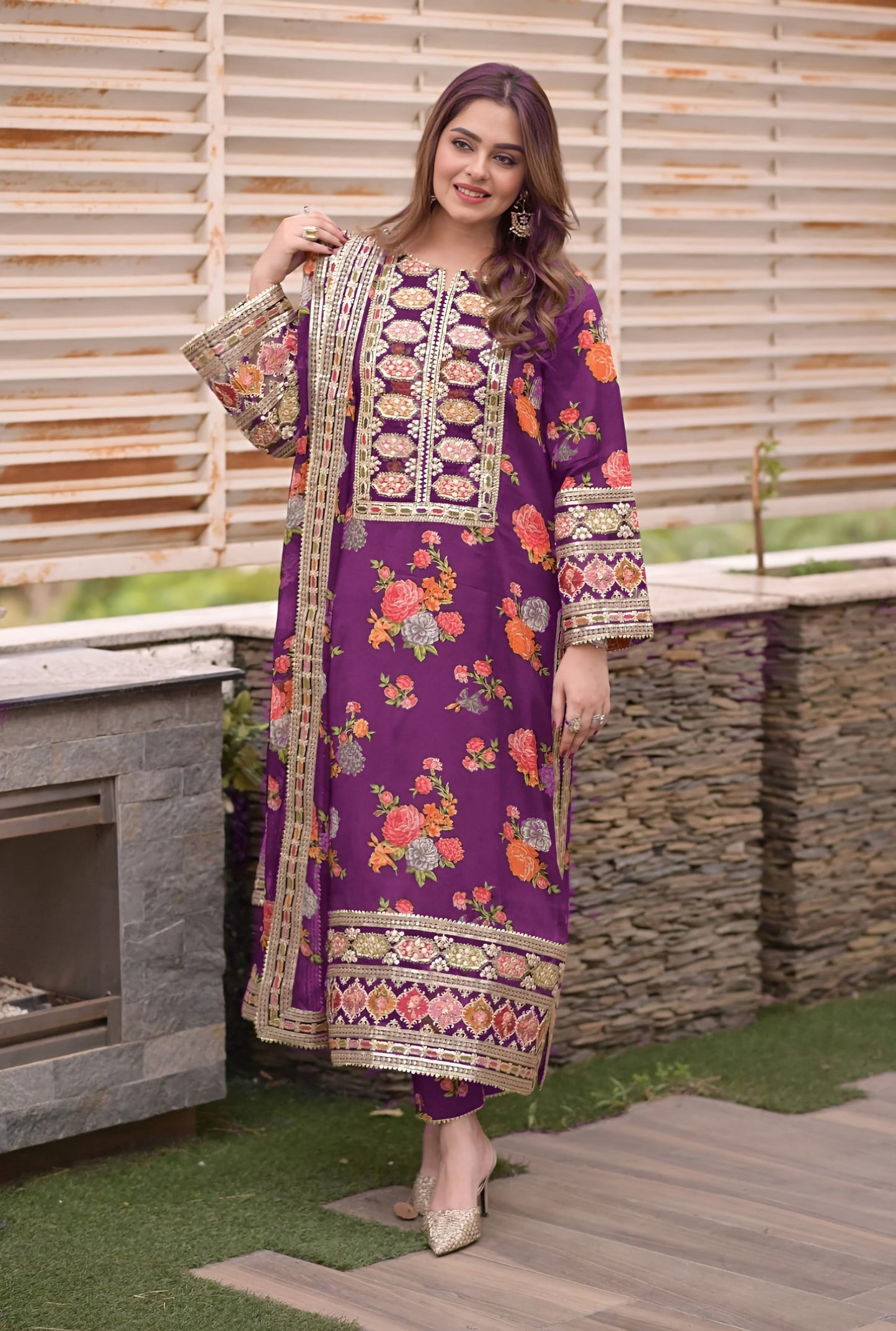 Ahmozi Aneelas Collection Unstitched 3-Piece Suit – Heavy Embroidered Shmoz Silk Shirt & Dupatta