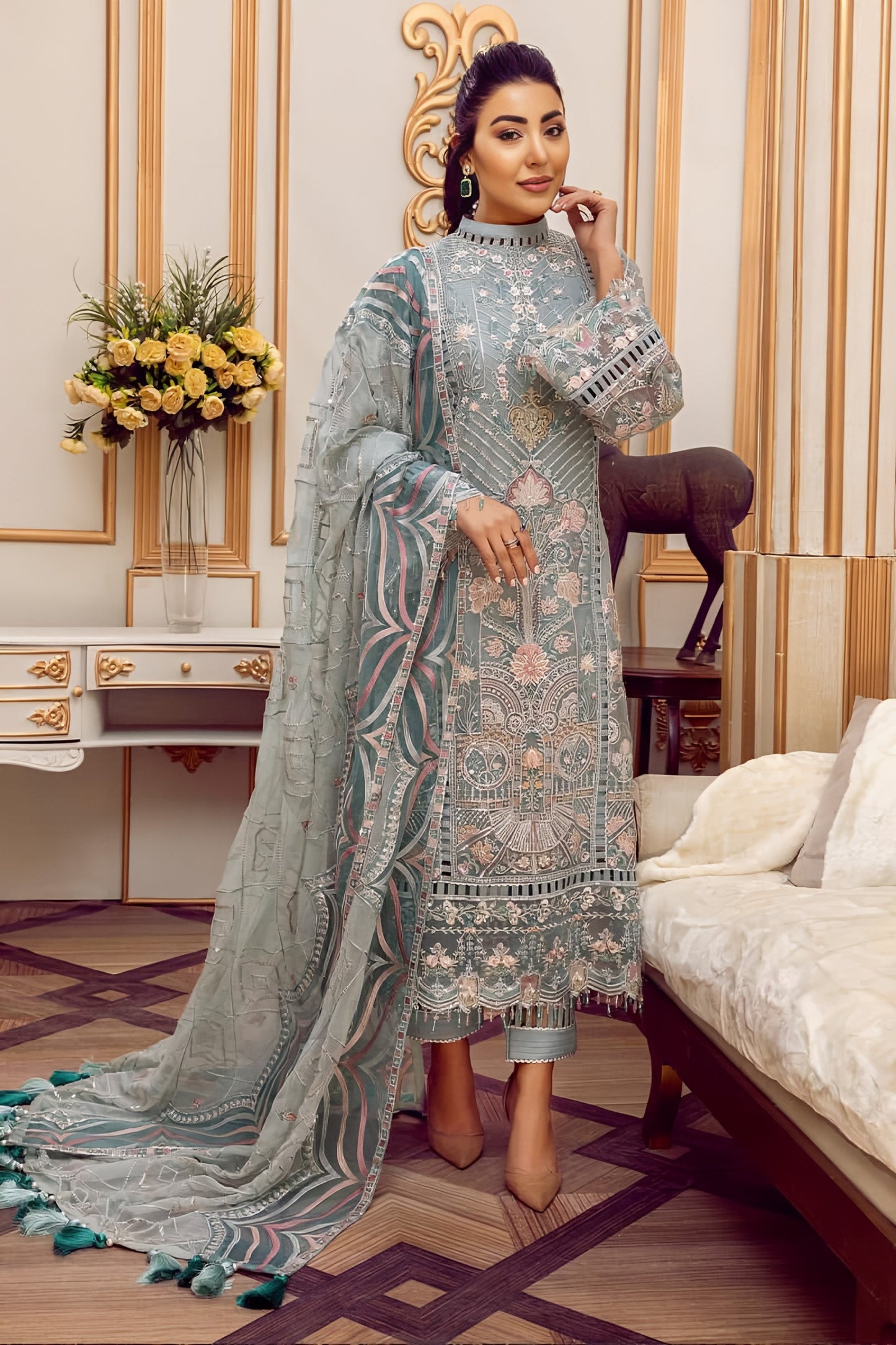Ahmozi Adan Libas Suit – Fully Heavy Embroidered Chiffon Front with Pearls & Shamoz Silk Trouser