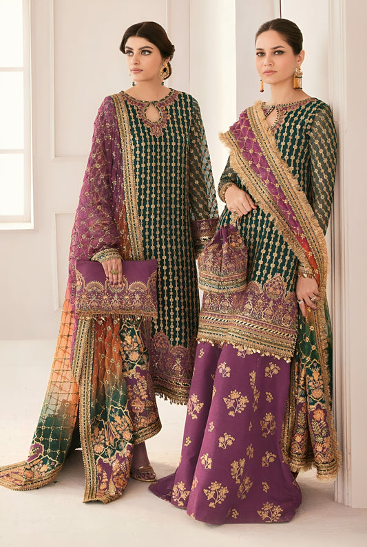 Baroque Organza Embroidered Suit – Full Sequence & Adda Work Dress with Double Shaded Dupatta & Shamooz Silk Trouser