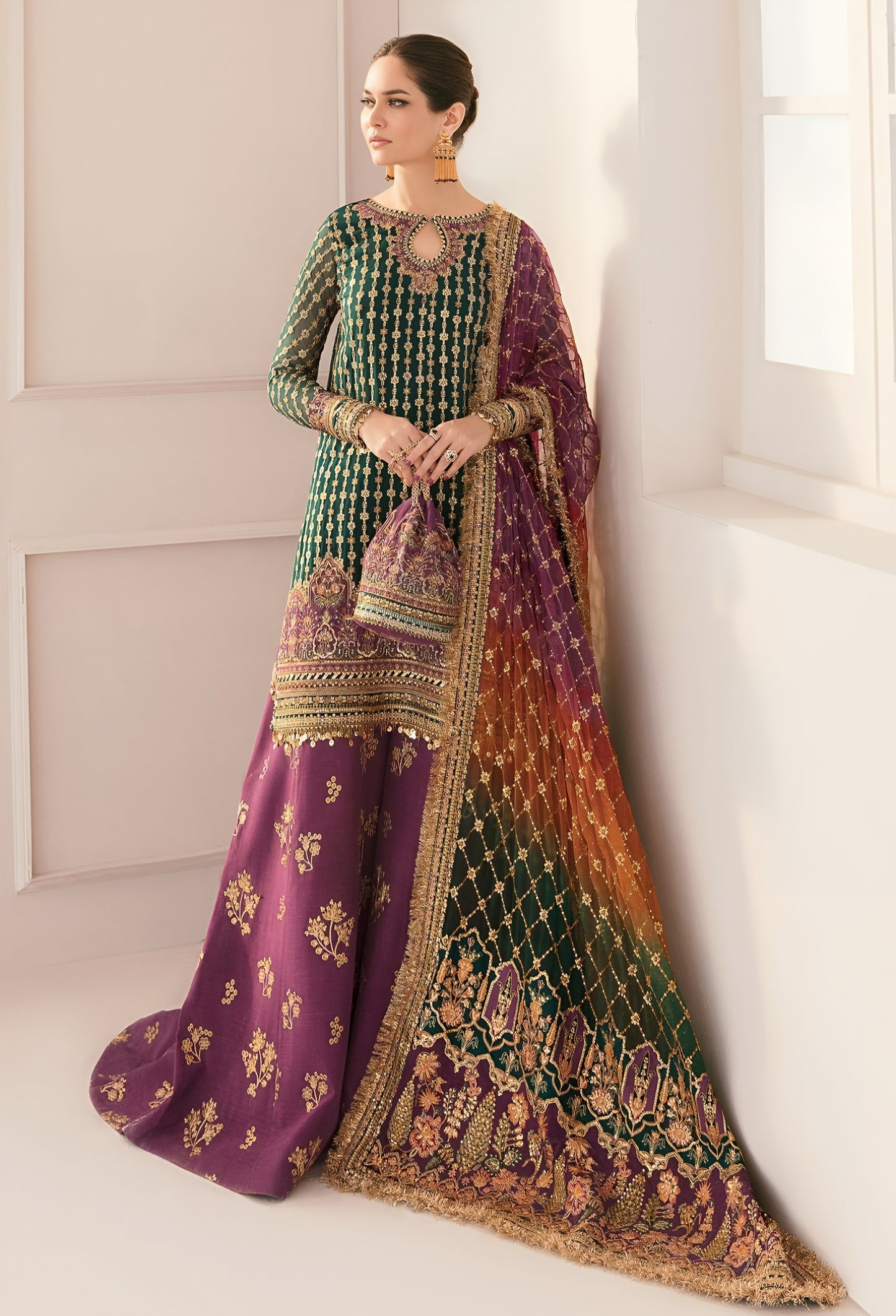 Baroque Organza Embroidered Suit – Full Sequence & Adda Work Dress with Double Shaded Dupatta & Shamooz Silk Trouser