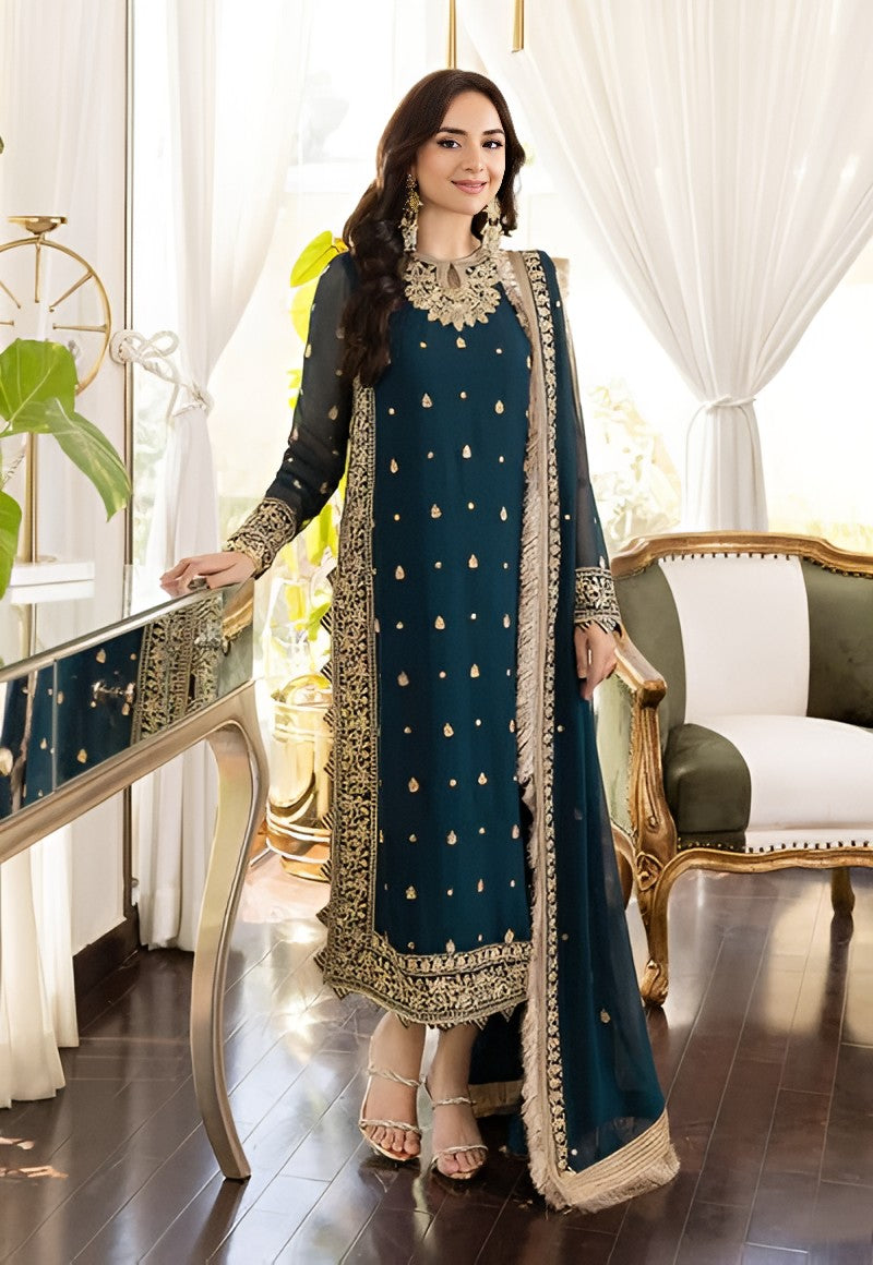 Asim Jofa Chiffon Embroidered Suit – Elegant Sequence Work Dress with 4-Sided Dupatta & Malai Trouser