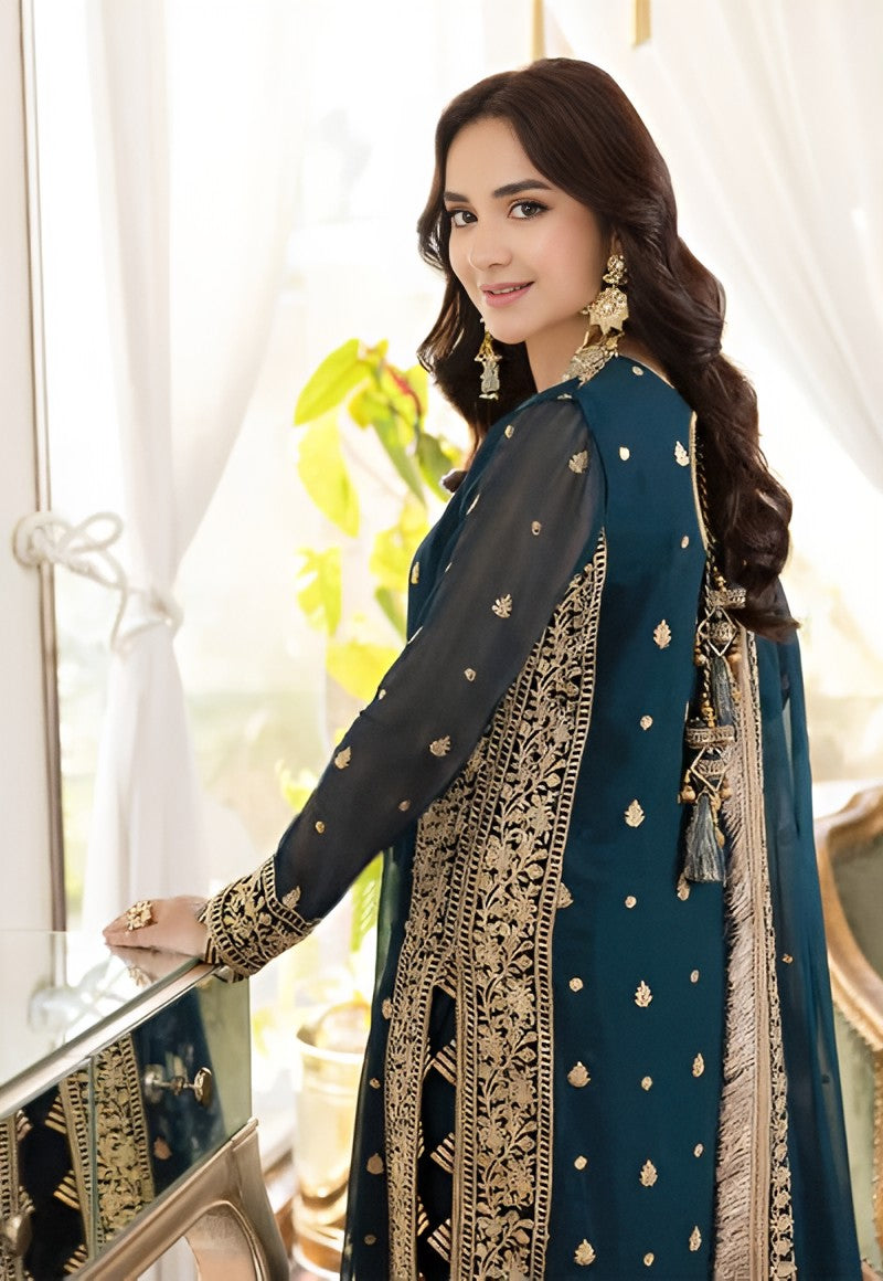 Asim Jofa Chiffon Embroidered Suit – Elegant Sequence Work Dress with 4-Sided Dupatta & Malai Trouser