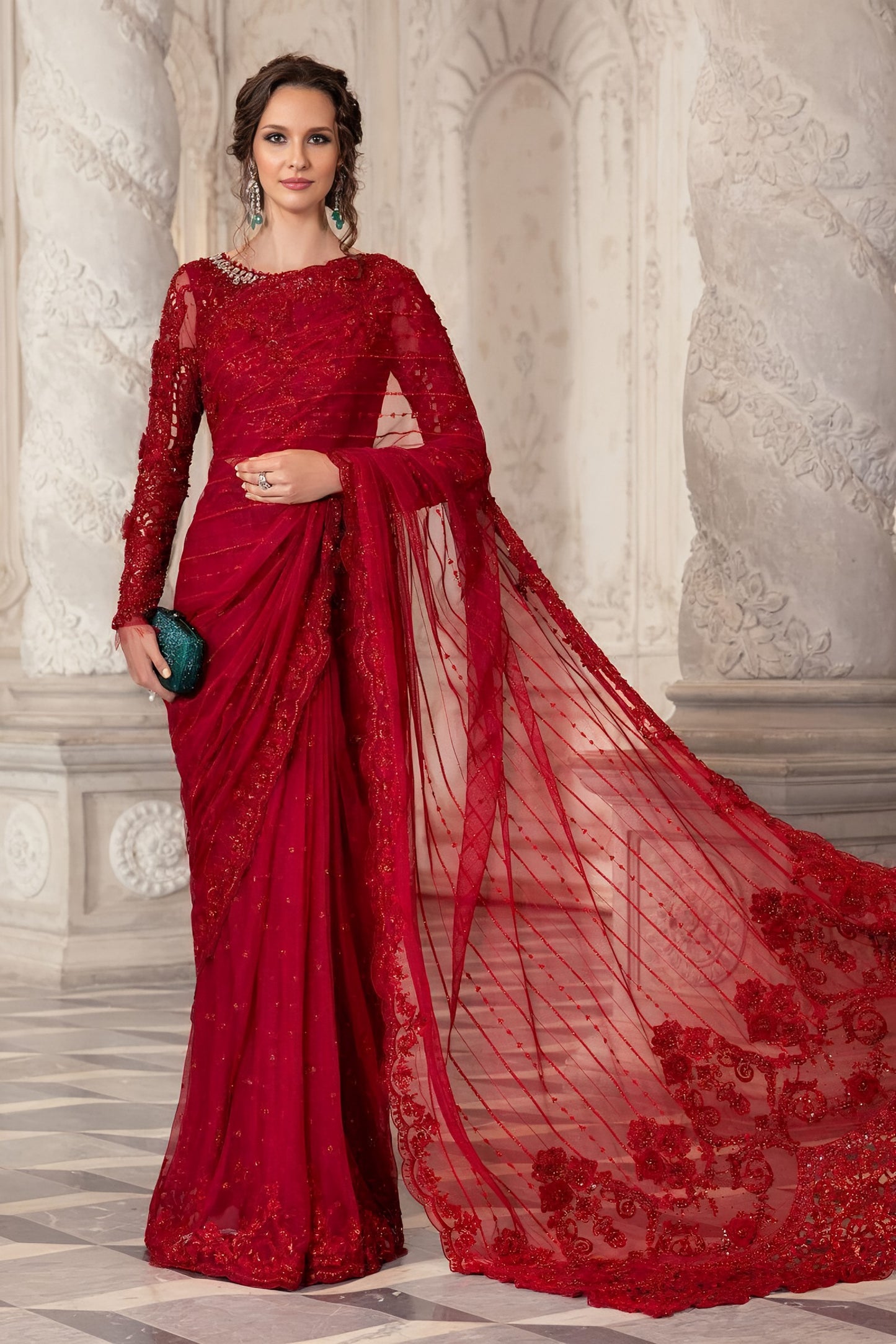 Maria B Heavy Embroidered Net Saree – Master Blaster Saree with Adda Work, Cut Work Borders & Silk Petticoat