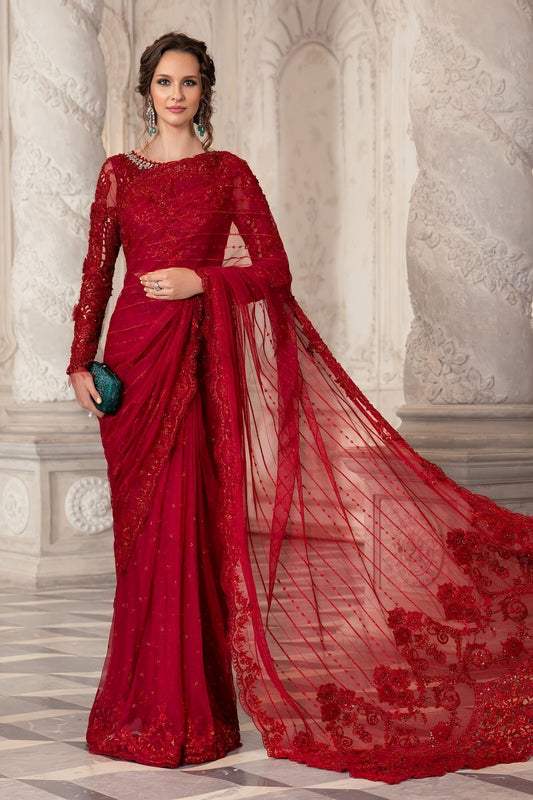 Maria B Heavy Embroidered Net Saree – Master Blaster Saree with Adda Work, Cut Work Borders & Silk Petticoat