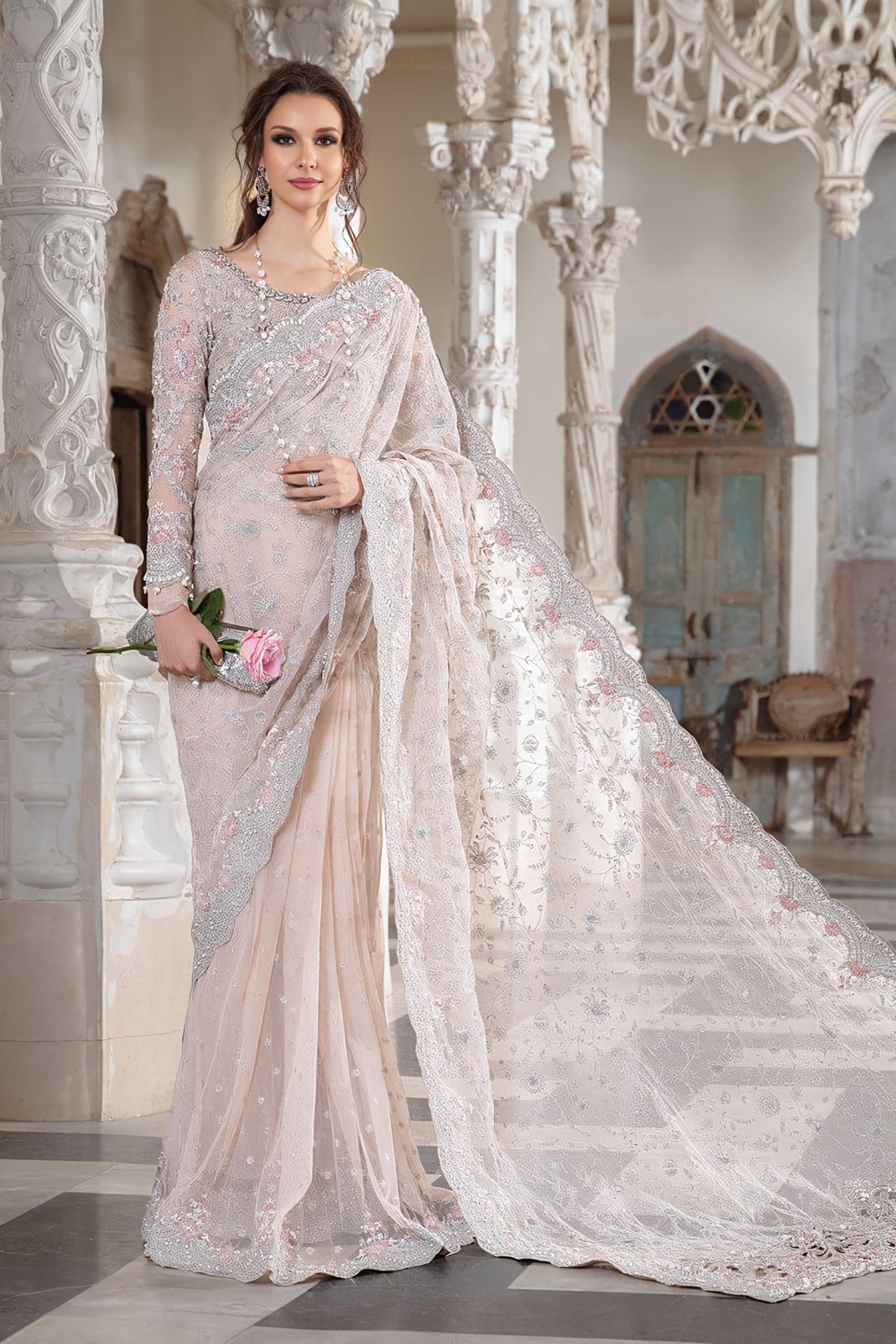 Maria B Heavy Embroidered Net Saree – Master Blaster Saree with Adda Work, Cut Work Borders & Silk Petticoat
