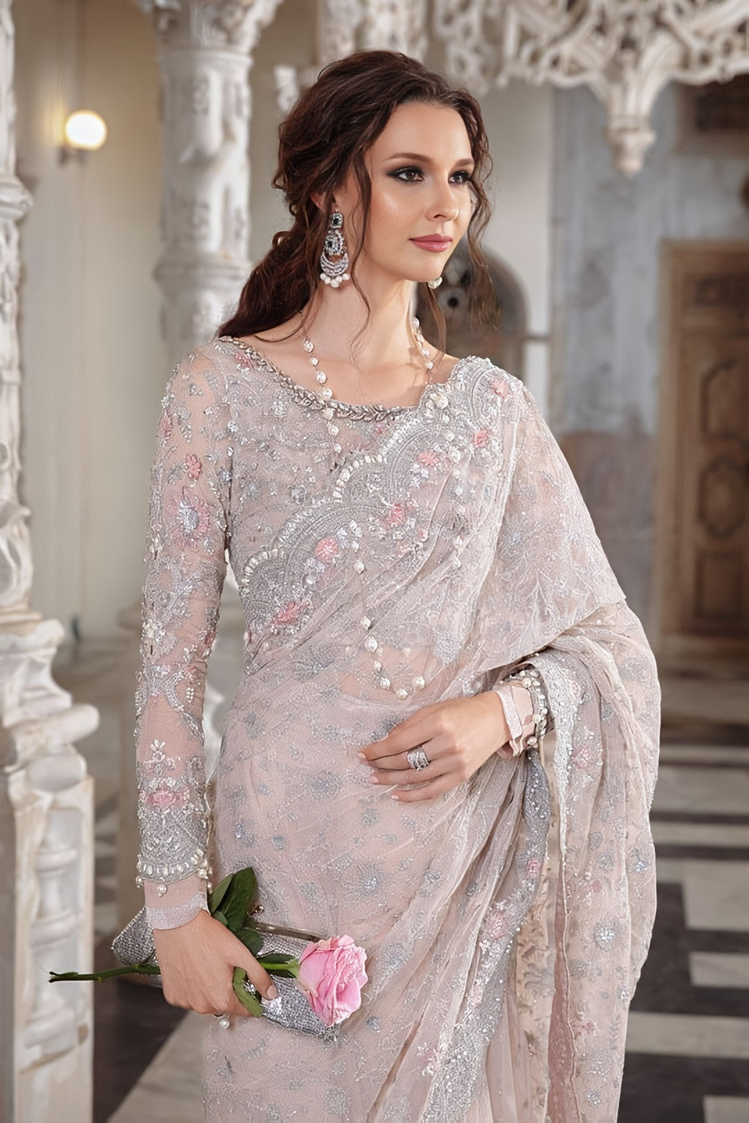 Maria B Heavy Embroidered Net Saree – Master Blaster Saree with Adda Work, Cut Work Borders & Silk Petticoat