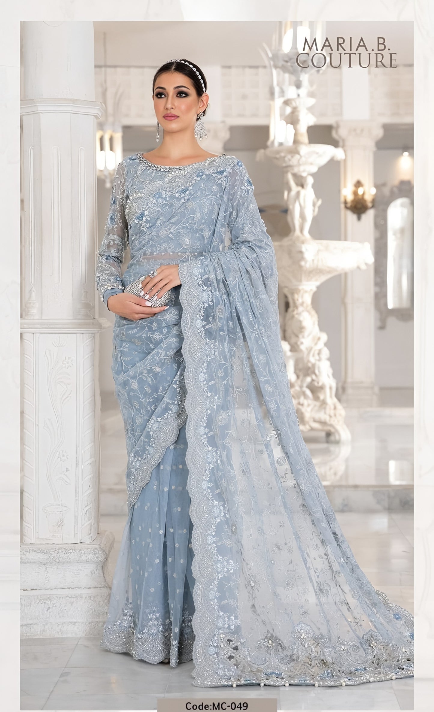 Maria B Heavy Embroidered Net Saree – Master Blaster Saree with Adda Work, Cut Work Borders & Silk Petticoat