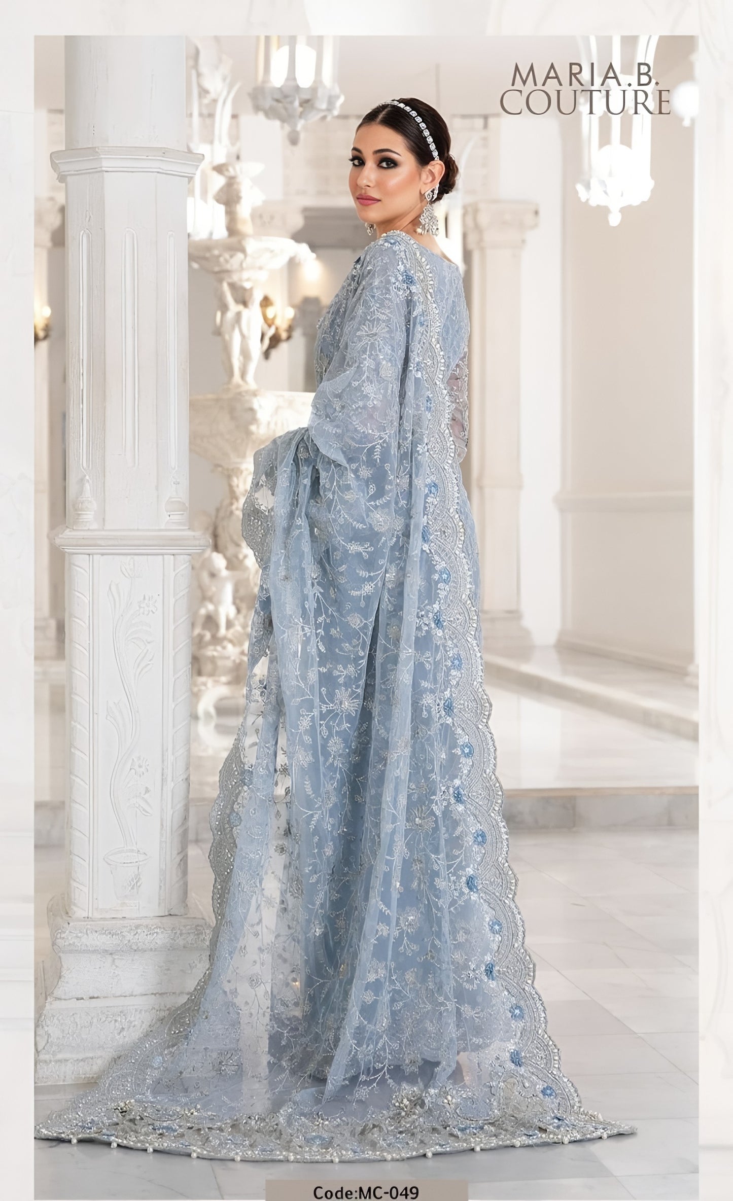 Maria B Heavy Embroidered Net Saree – Master Blaster Saree with Adda Work, Cut Work Borders & Silk Petticoat