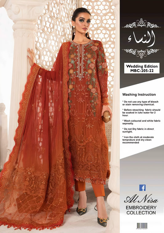 Maria B Alnisa Embroidery Collection MBD05-S22 – Chiffon Embroidered Dress with Adda & Handwork, Satin Silk Trouser & Dupatta