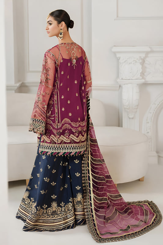Baroque Festive Collection – Ready to Wear Net Embroidered Sequence Dress with Heavy Dupatta & Shamoz Gharara Trouser
