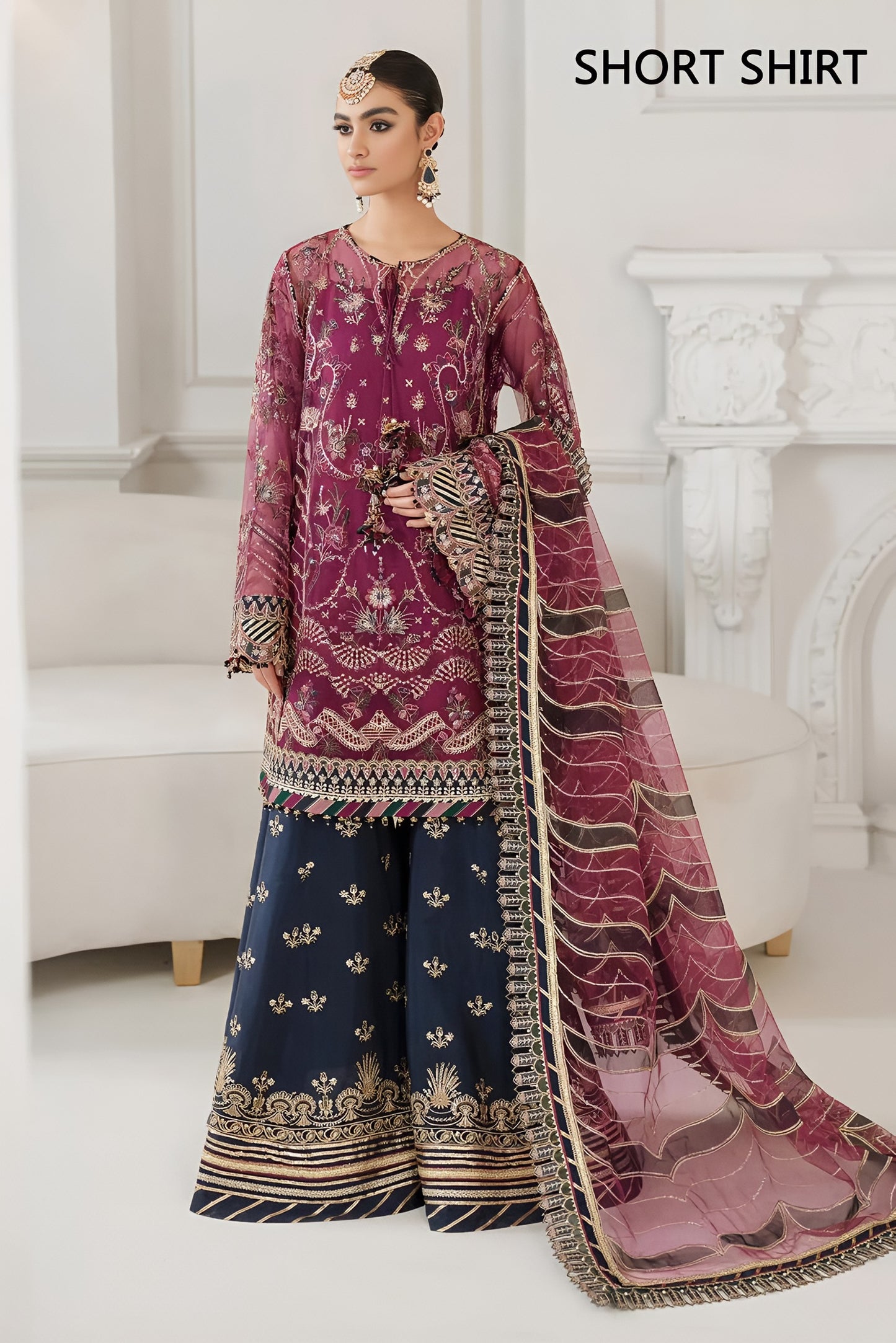 Baroque Festive Collection – Ready to Wear Net Embroidered Sequence Dress with Heavy Dupatta & Shamoz Gharara Trouser