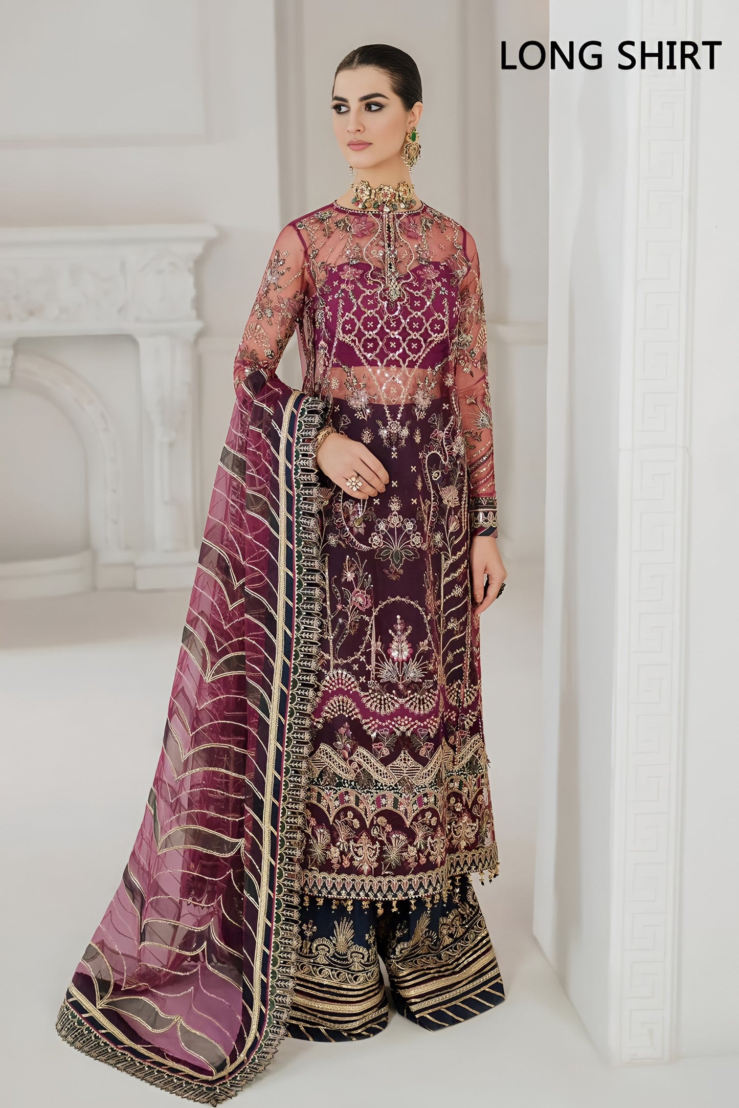 Baroque Festive Collection – Ready to Wear Net Embroidered Sequence Dress with Heavy Dupatta & Shamoz Gharara Trouser
