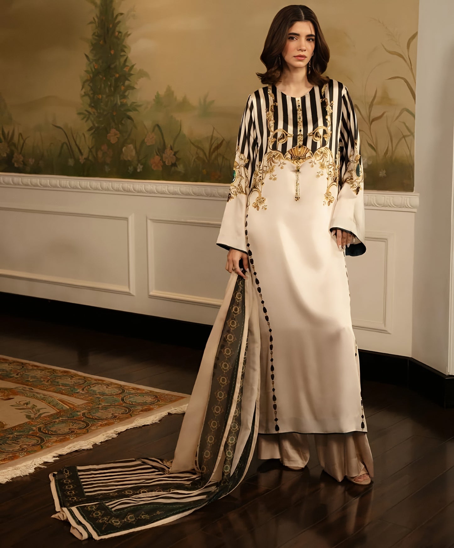 3PC Shamooz Silk Digital Printed Suit – Luxury Silk Shirt, Trouser & Dupatta for Women