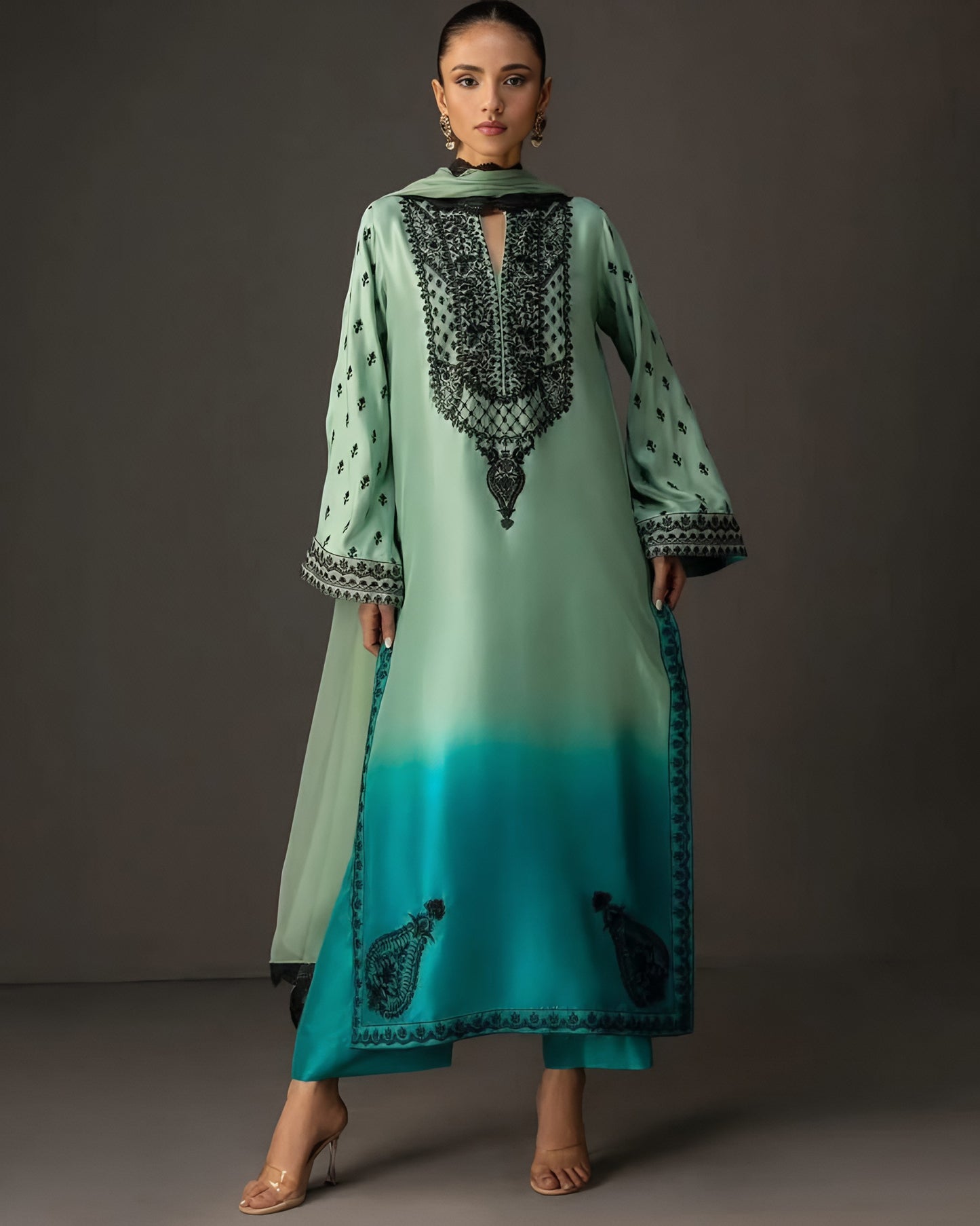 Digital Printed 3PC Shamooz Silk Suit – Luxury Silk Shirt, Trouser & Dupatta Set