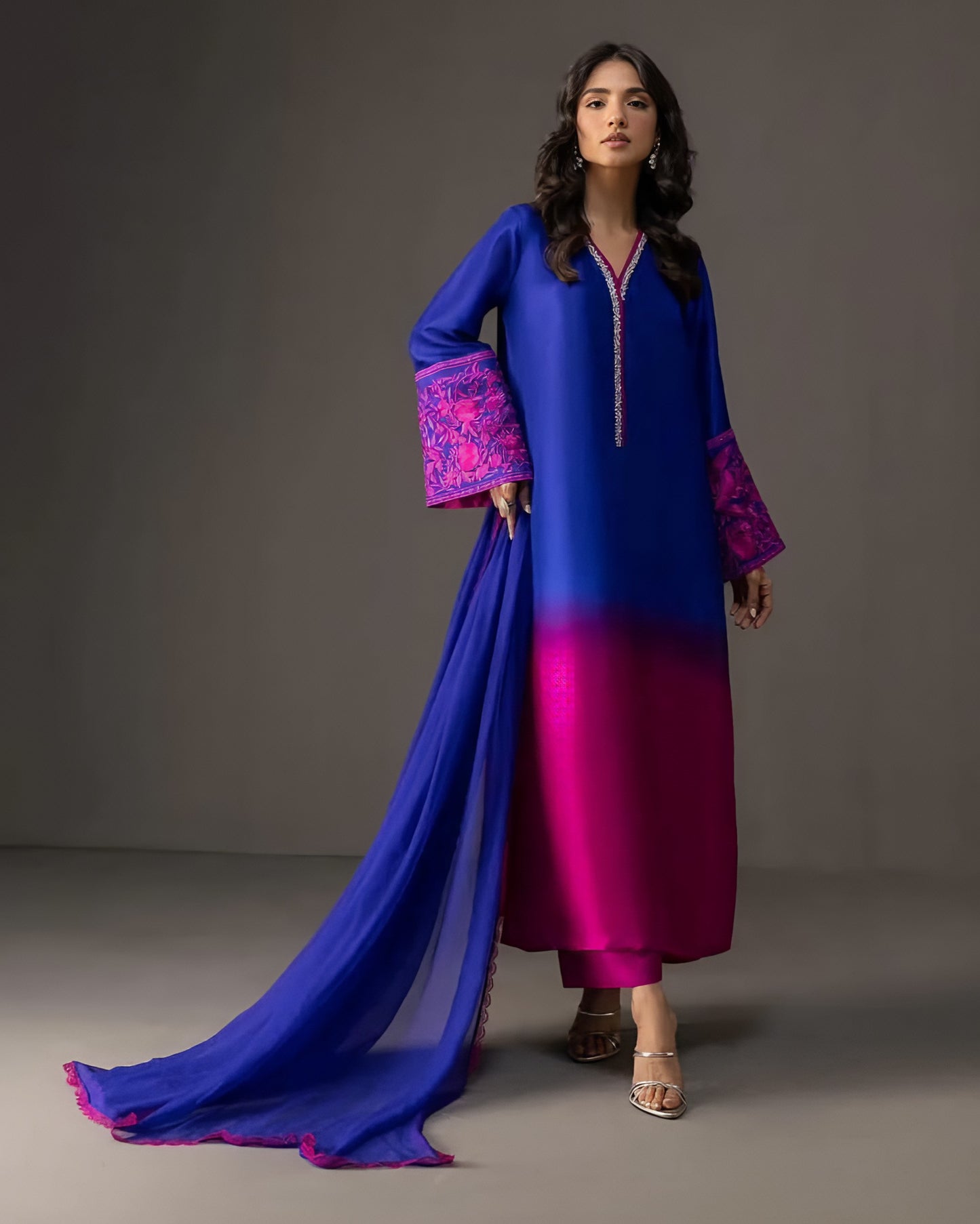 Digital Printed 3PC Shamooz Silk Suit – Luxury Silk Shirt, Trouser & Dupatta Set