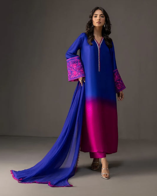 Digital Printed 3PC Shamooz Silk Suit – Luxury Silk Shirt, Trouser & Dupatta Set