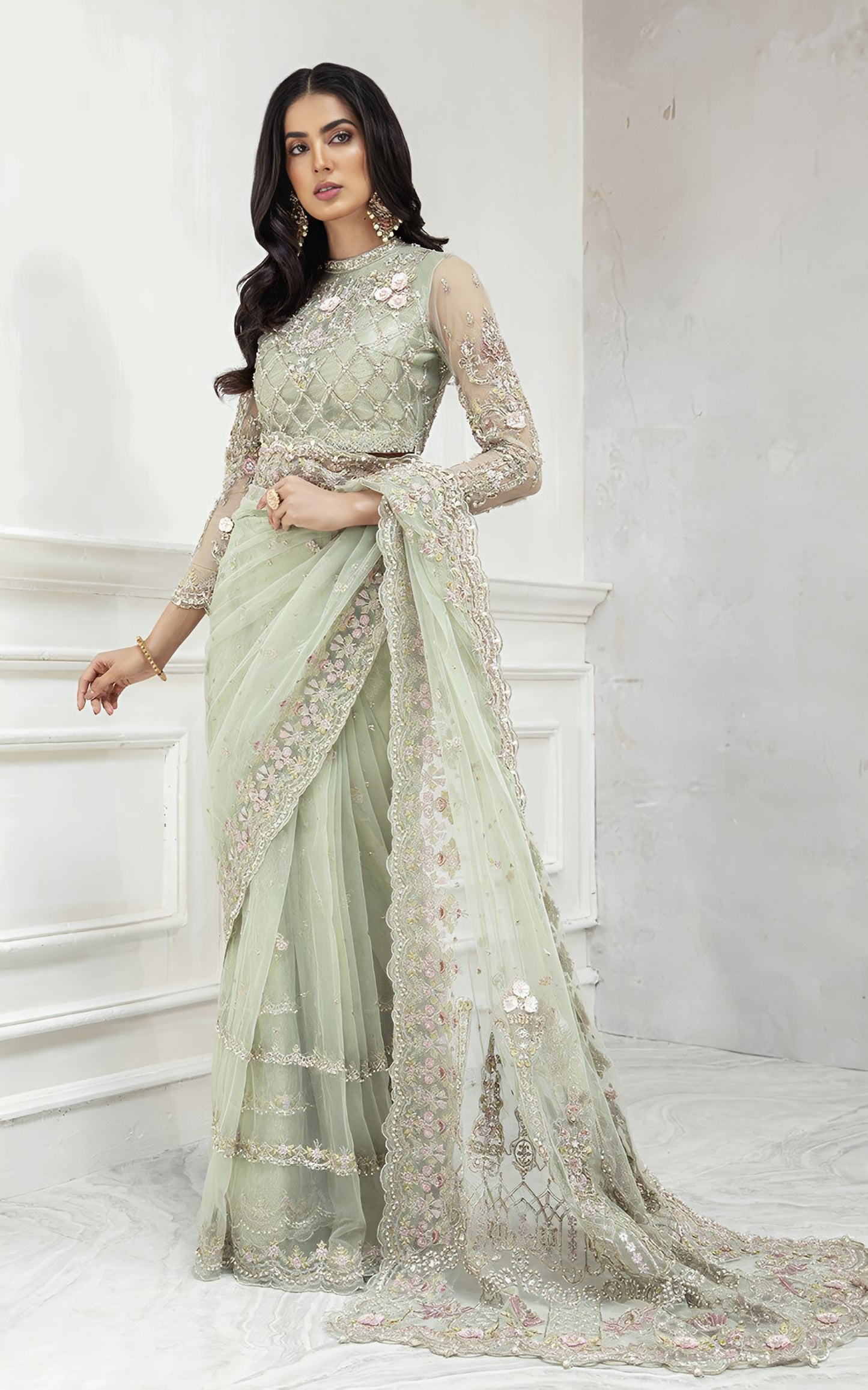 Maria B Saree MD-682 – Embroidered Net Saree with Satin Silk Trouser | Luxury Formal Wear