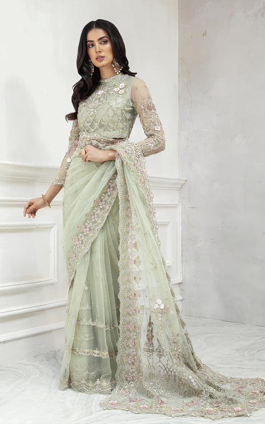 Maria B Saree MD-682 – Embroidered Net Saree with Satin Silk Trouser | Luxury Formal Wear