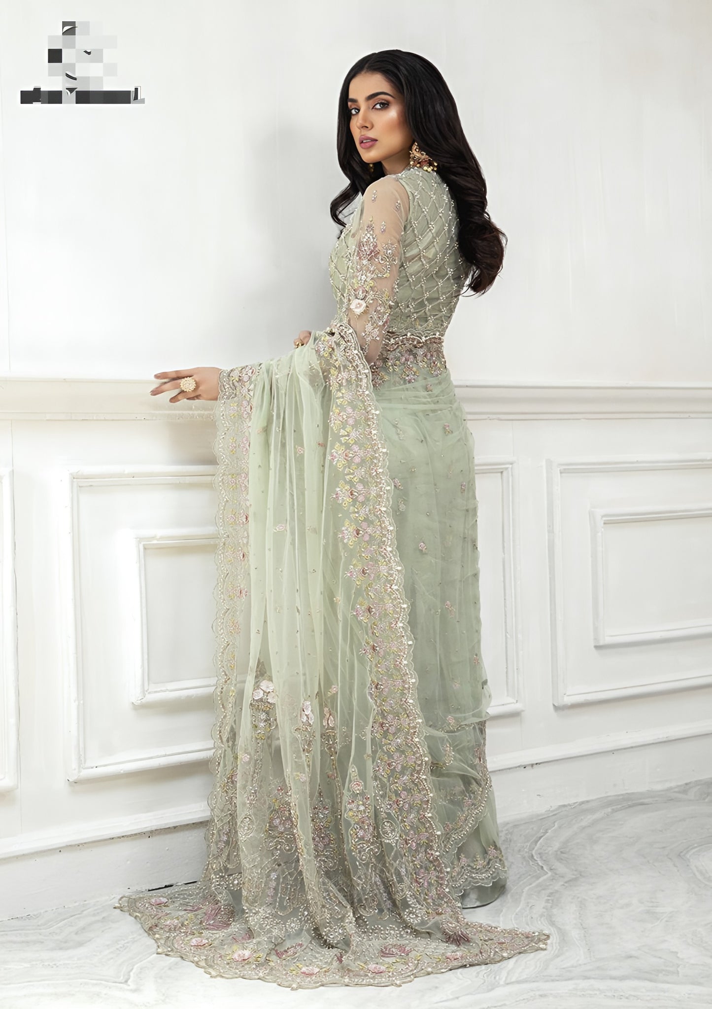 Maria B Saree MD-682 – Embroidered Net Saree with Satin Silk Trouser | Luxury Formal Wear
