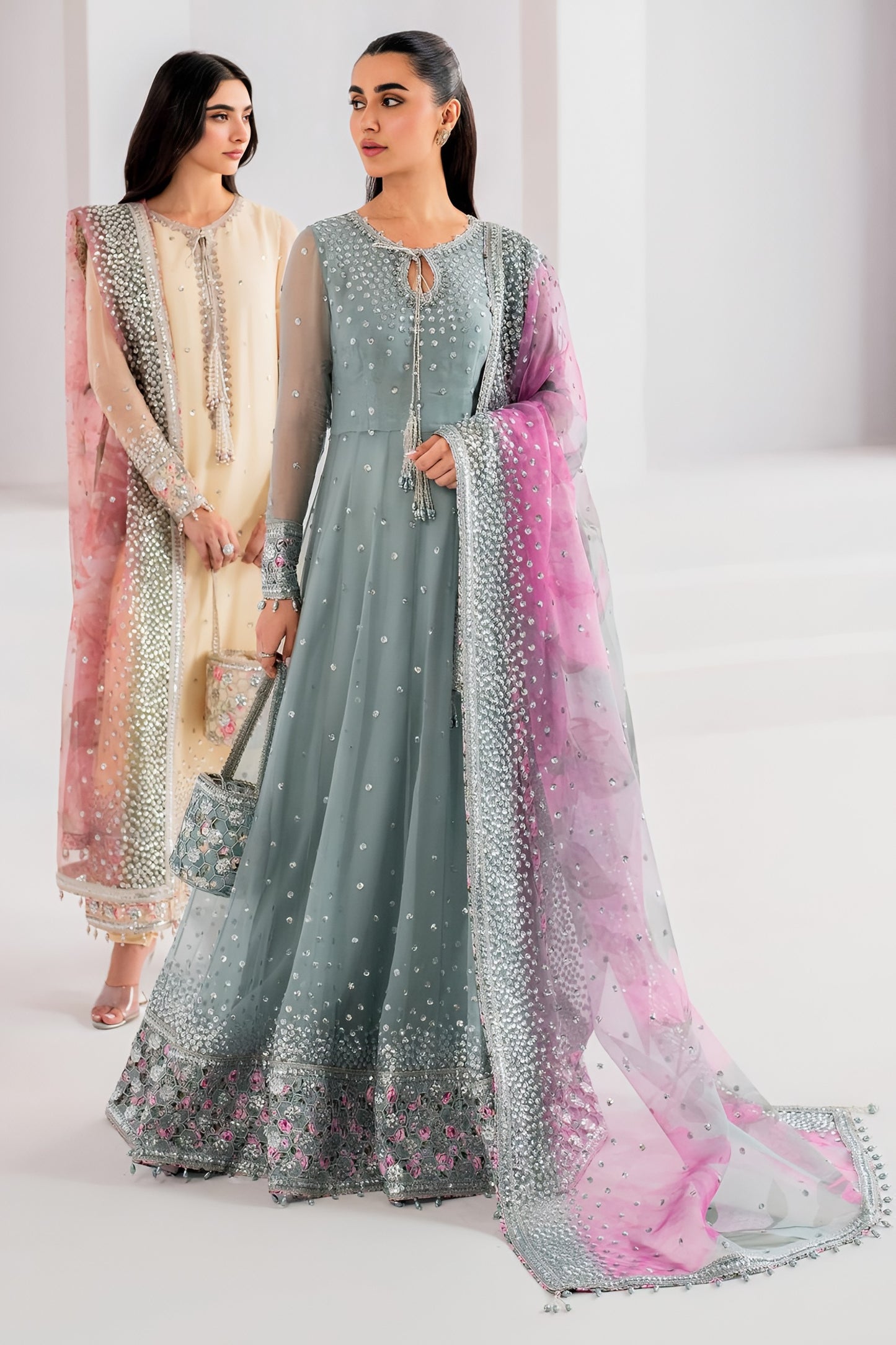Jazmin Chiffon Embroidered Sequence Maxi – Net Dupatta & Silk Trouser | Luxury Formal Wear 2025