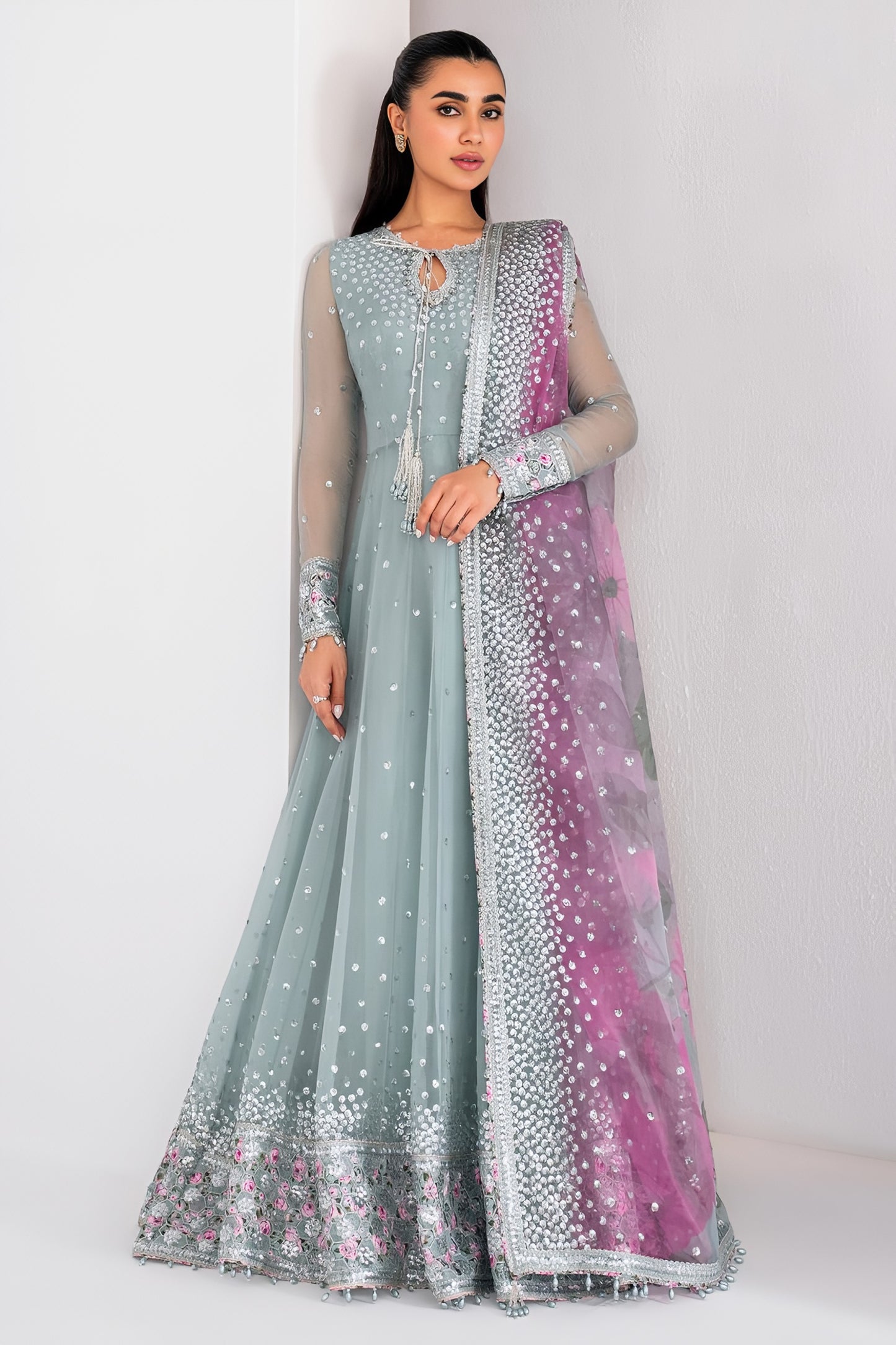 Jazmin Chiffon Embroidered Sequence Maxi – Net Dupatta & Silk Trouser | Luxury Formal Wear 2025