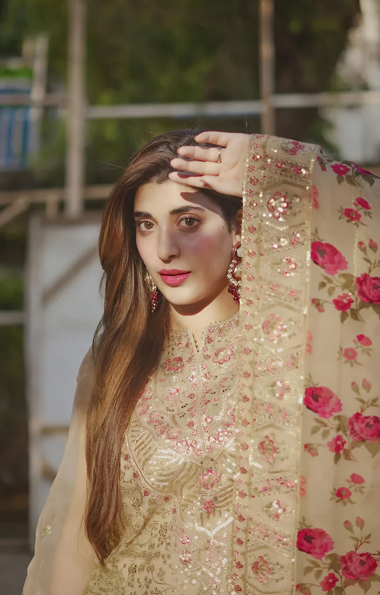 Aneela’s 3Pc Unstitched Organza Embroidered Suit by Ahmozi – Heavy Embroidered Silk Dupatta & Shamoz Silk Trouser