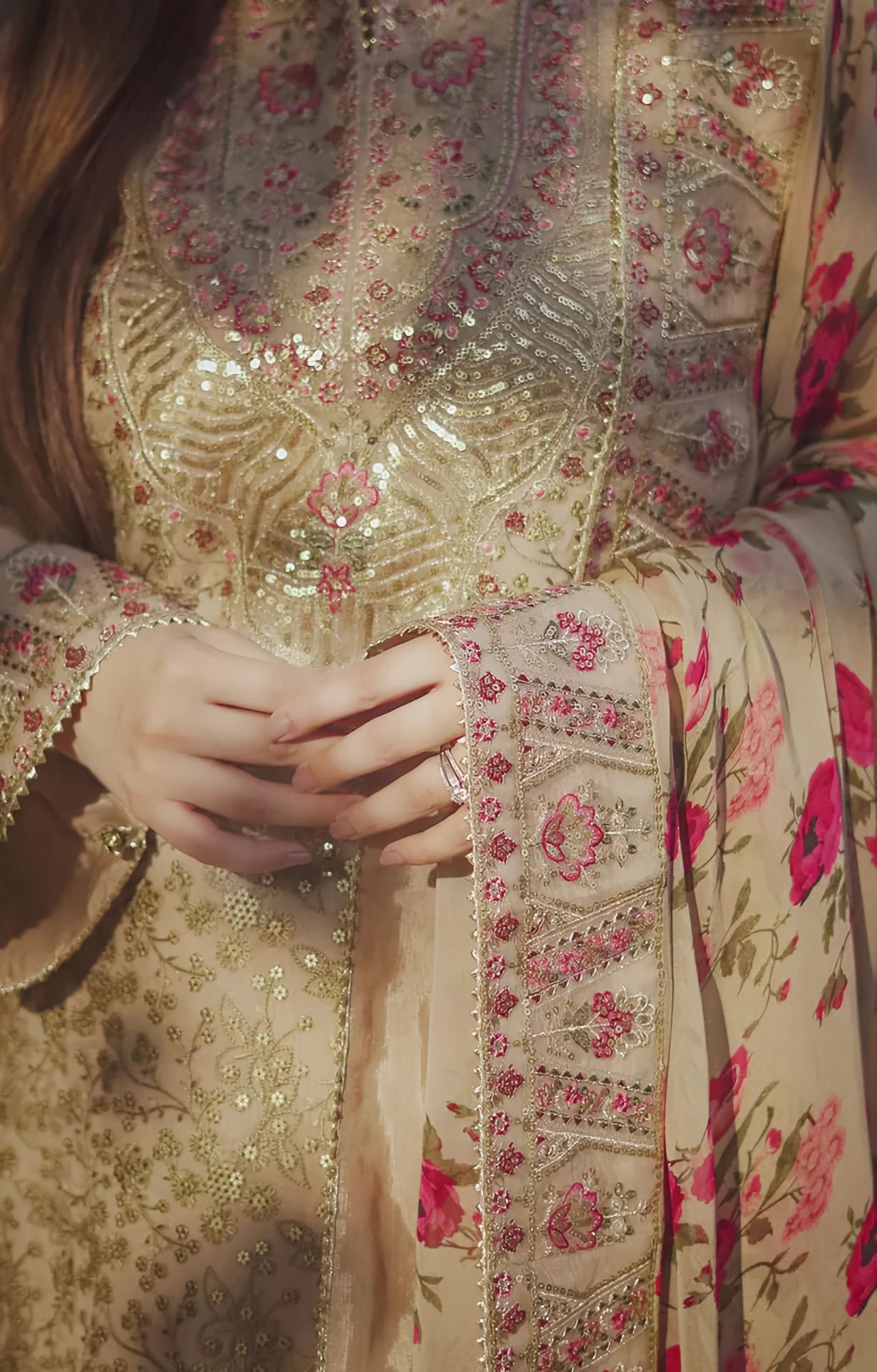 Aneela’s 3Pc Unstitched Organza Embroidered Suit by Ahmozi – Heavy Embroidered Silk Dupatta & Shamoz Silk Trouser