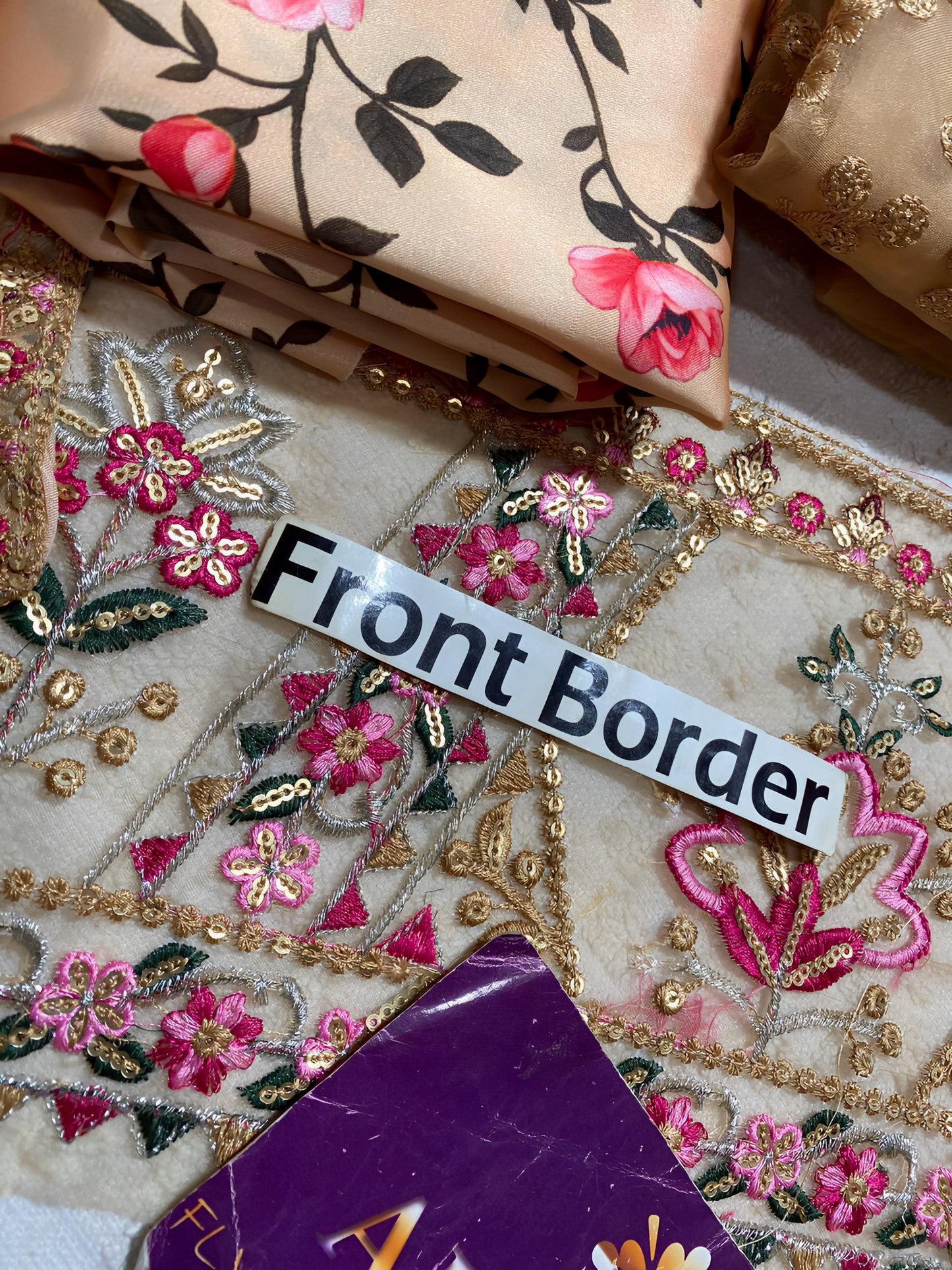 Aneela’s 3Pc Unstitched Organza Embroidered Suit by Ahmozi – Heavy Embroidered Silk Dupatta & Shamoz Silk Trouser