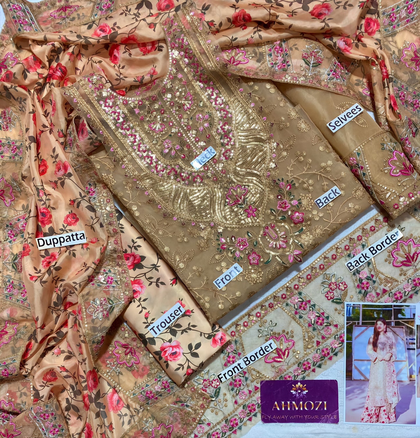 Aneela’s 3Pc Unstitched Organza Embroidered Suit by Ahmozi – Heavy Embroidered Silk Dupatta & Shamoz Silk Trouser
