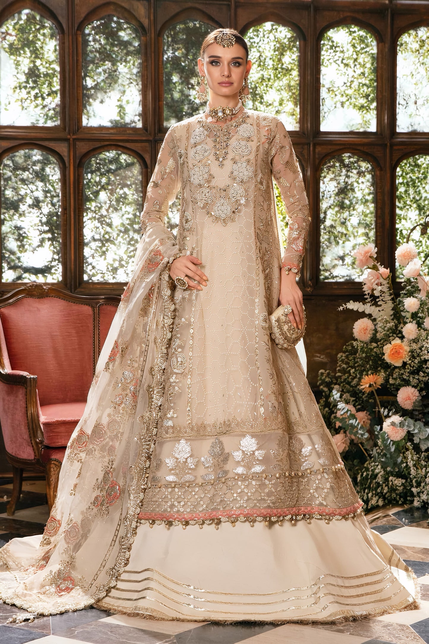 Maria B Wedding Collection Organza Embroidered Spengle Work Suit – Hand Embellished Adda Work & Satin Silk Trouser