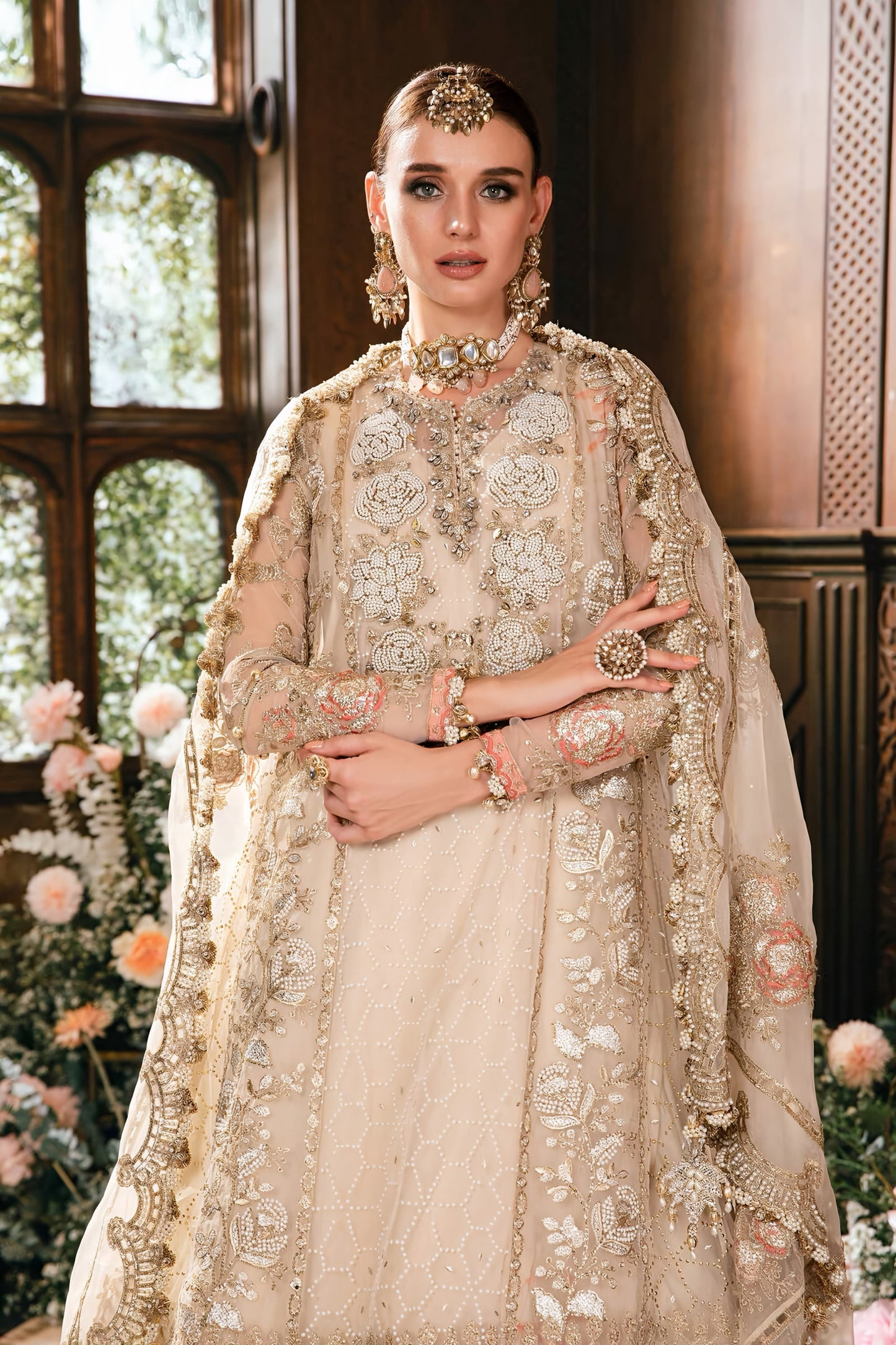 Maria B Wedding Collection Organza Embroidered Spengle Work Suit – Hand Embellished Adda Work & Satin Silk Trouser