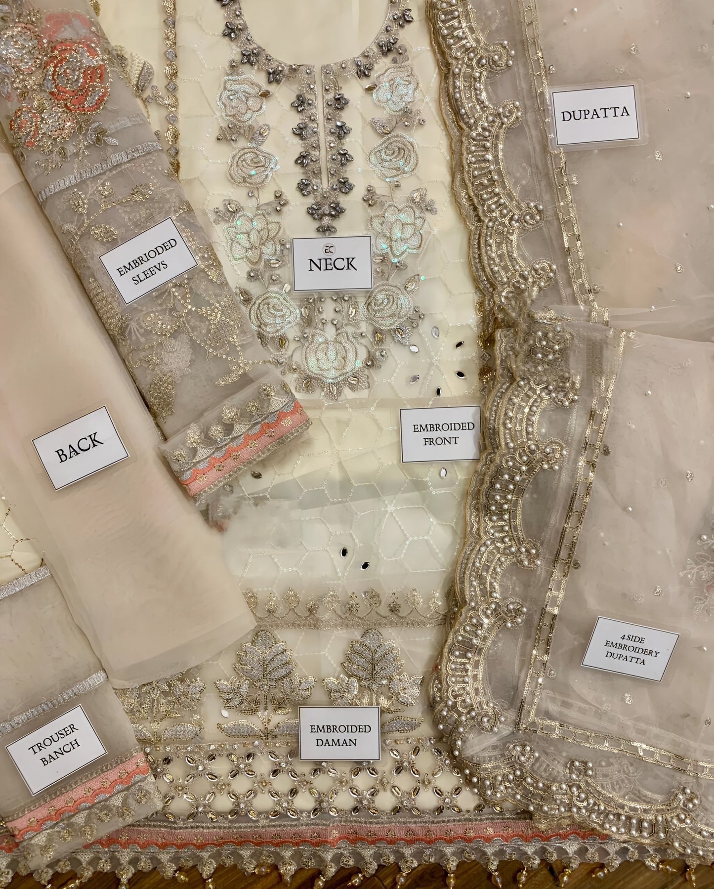 Maria B Wedding Collection Organza Embroidered Spengle Work Suit – Hand Embellished Adda Work & Satin Silk Trouser