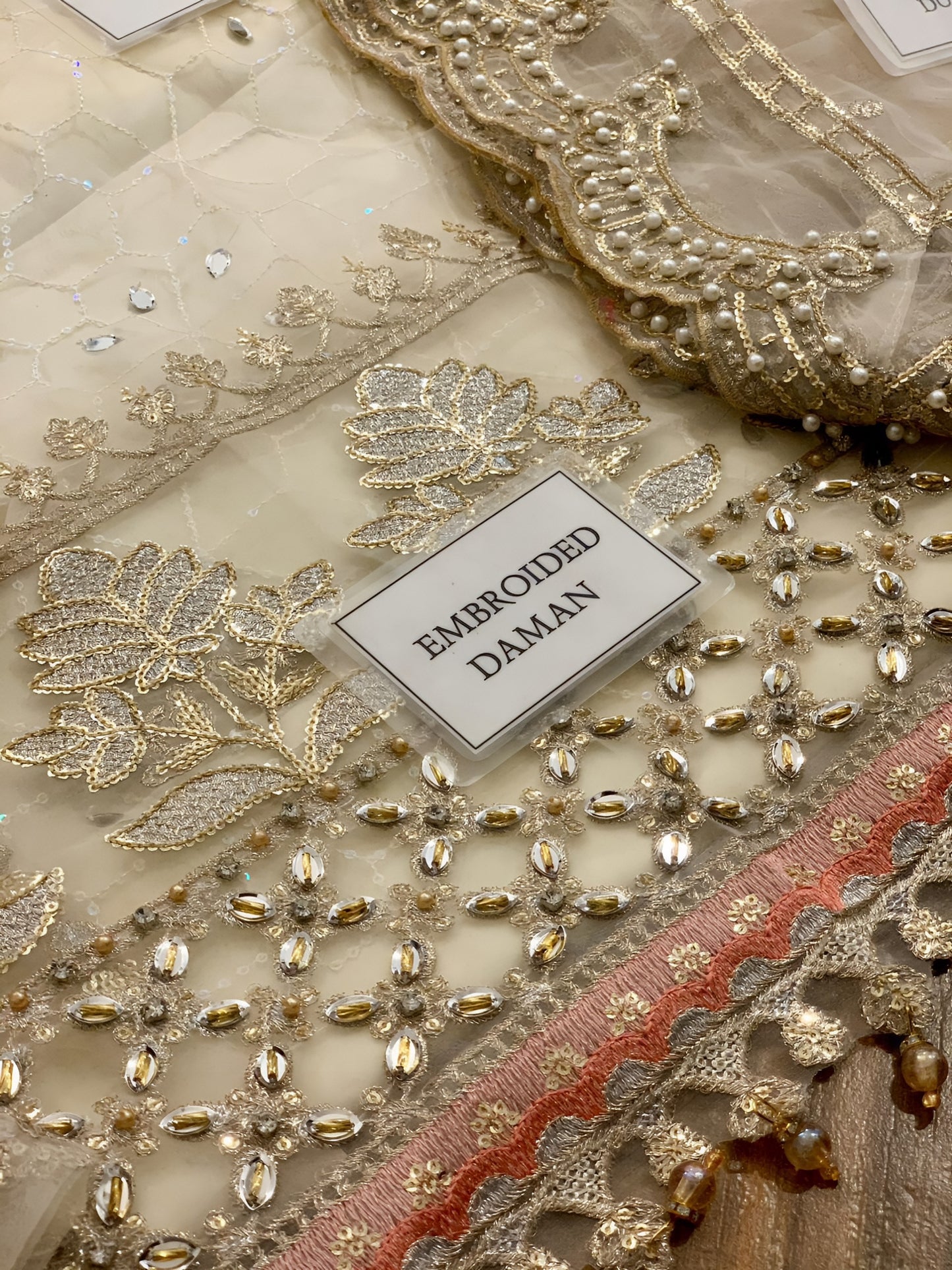 Maria B Wedding Collection Organza Embroidered Spengle Work Suit – Hand Embellished Adda Work & Satin Silk Trouser