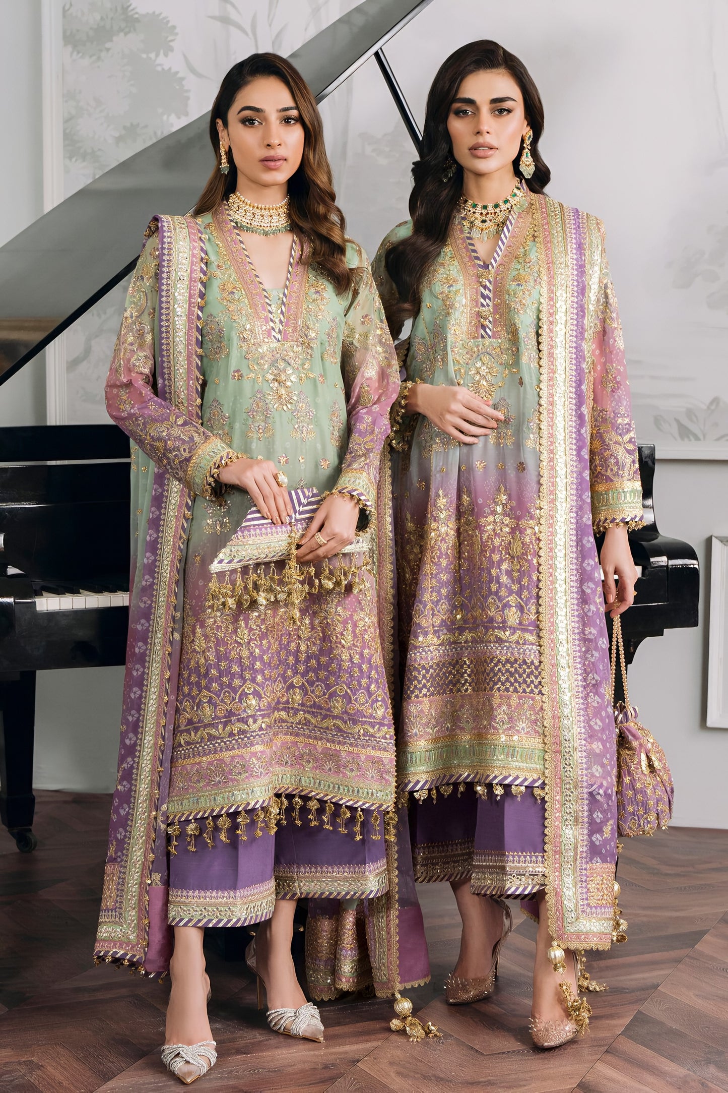 Baroque Chiffon Embroidered Sequence & Adda Work Suit – Silk Trouser | Luxury Formal Wear