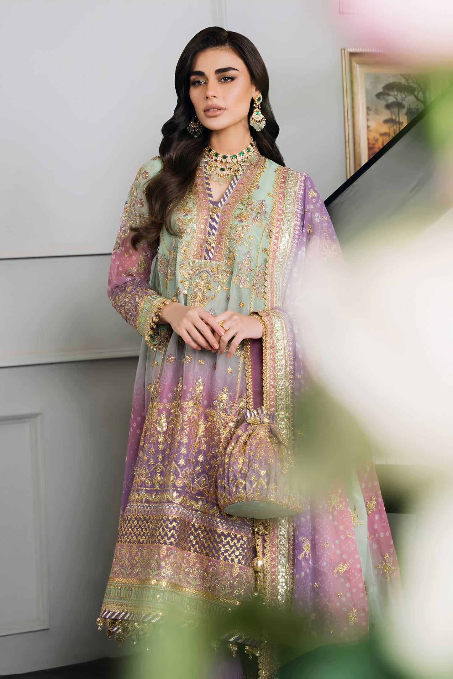 Baroque Chiffon Embroidered Sequence & Adda Work Suit – Silk Trouser | Luxury Formal Wear