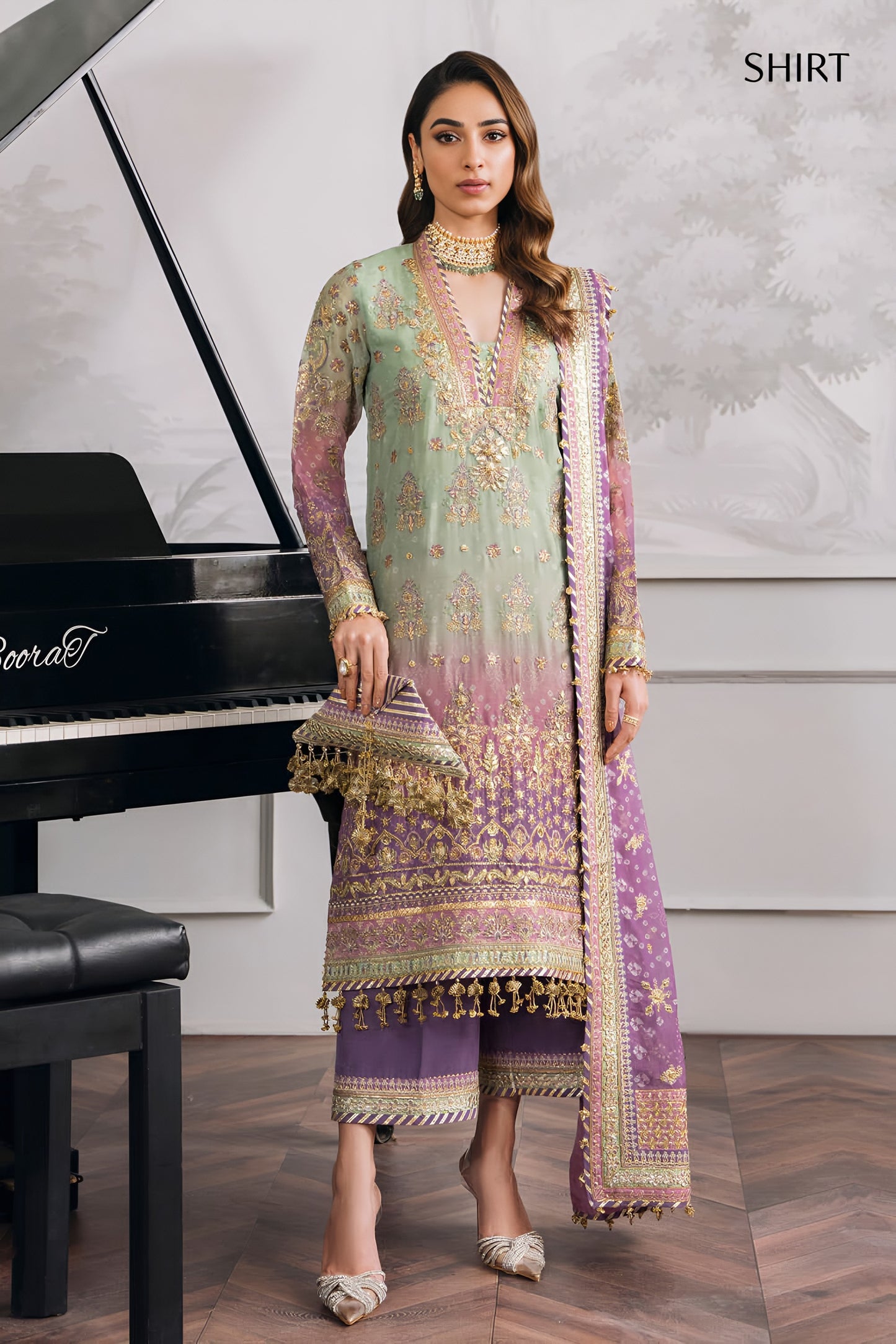 Baroque Chiffon Embroidered Sequence & Adda Work Suit – Silk Trouser | Luxury Formal Wear