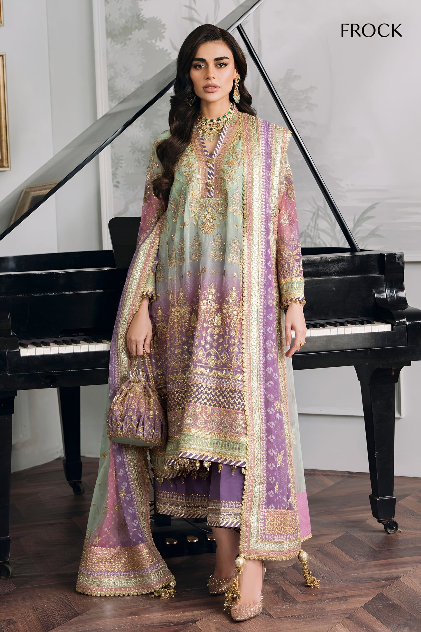 Baroque Chiffon Embroidered Sequence & Adda Work Suit – Silk Trouser | Luxury Formal Wear