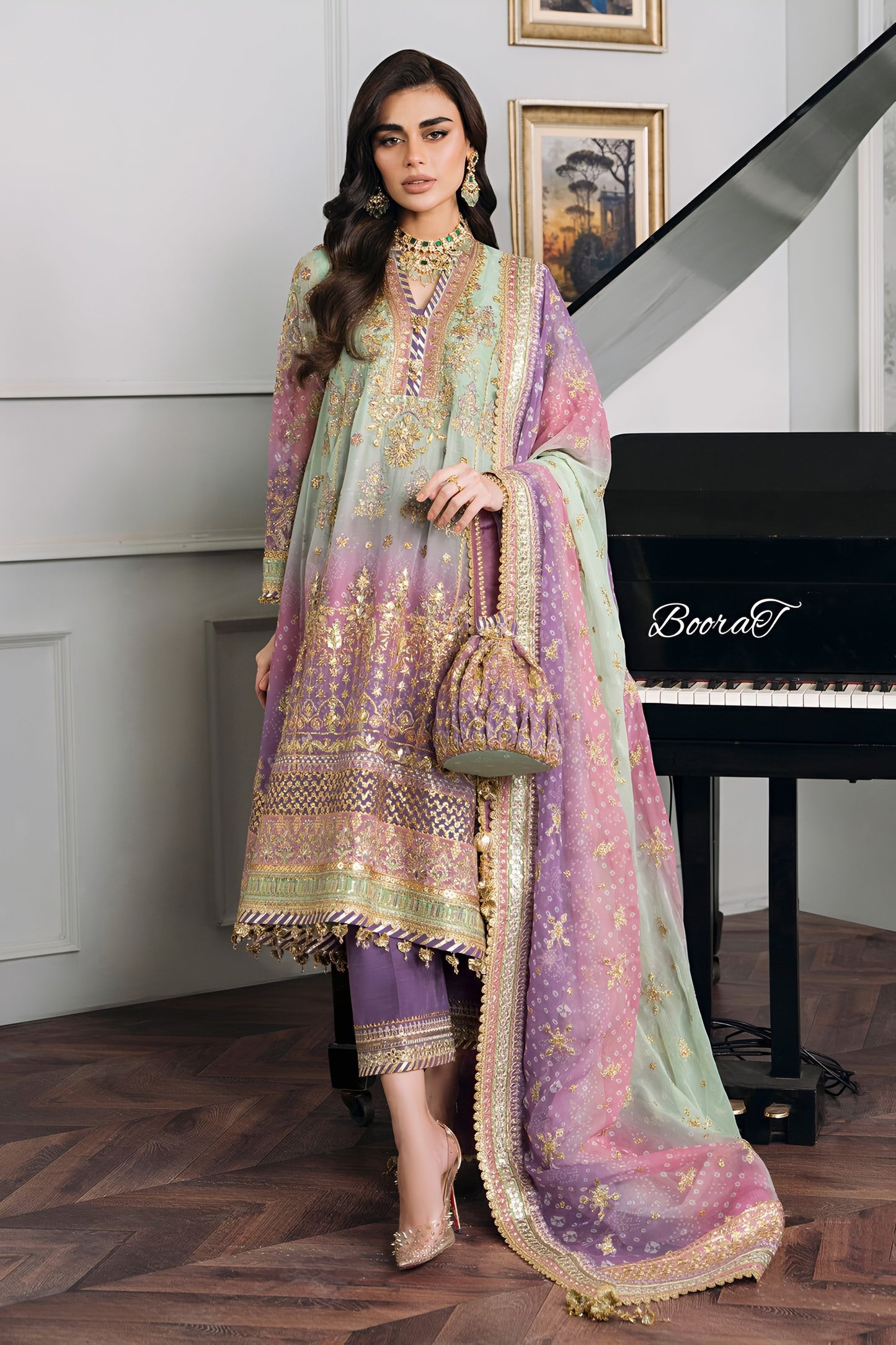Baroque Chiffon Embroidered Sequence & Adda Work Suit – Silk Trouser | Luxury Formal Wear