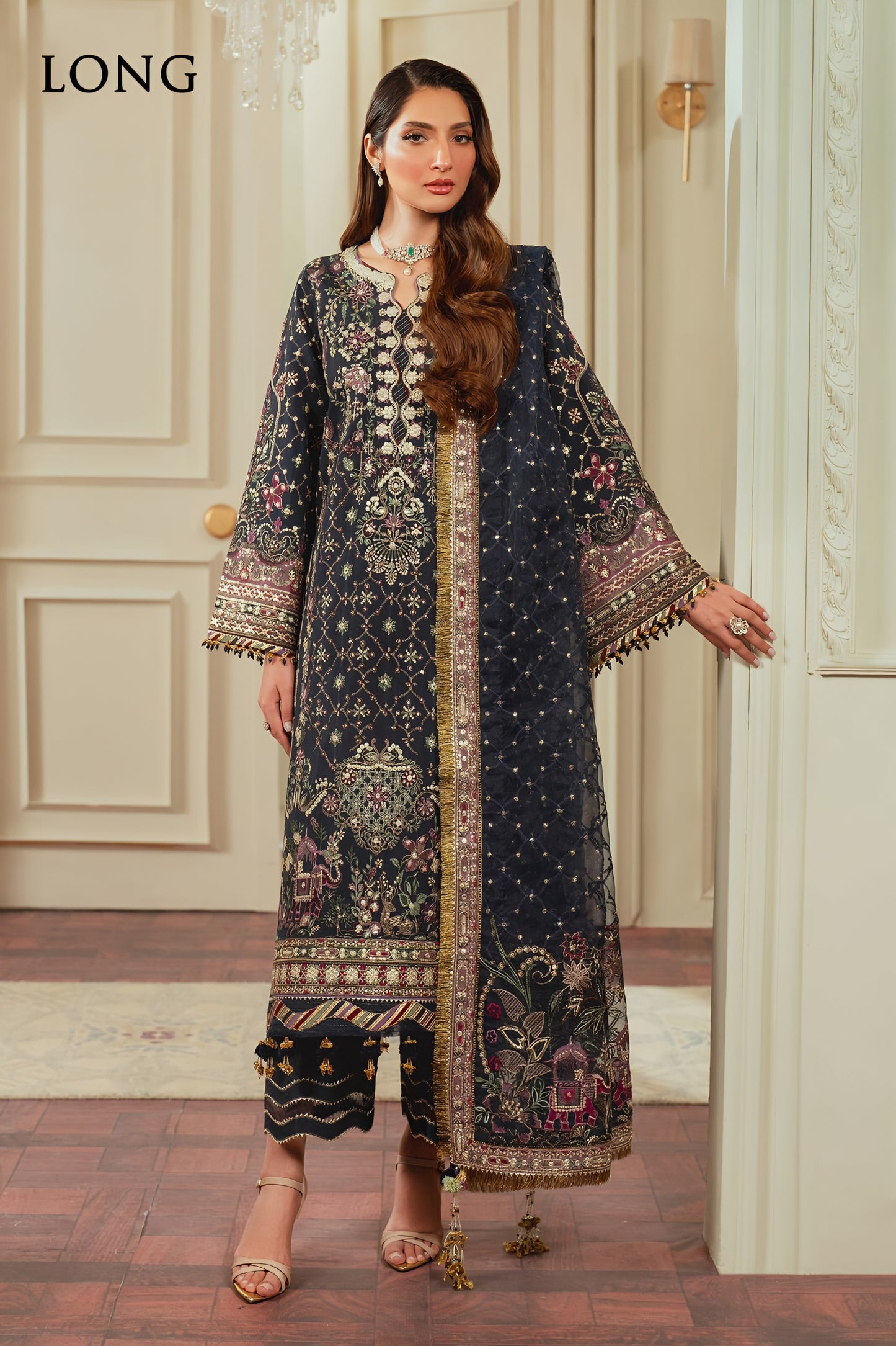 Barouq Chanttel Raw Silk Embroidered Spengle Work Suit – Heavy Embroidered Organza Dupatta & Raw Silk Trouser