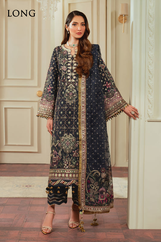 Barouq Chanttel Raw Silk Embroidered Spengle Work Suit – Heavy Embroidered Organza Dupatta & Raw Silk Trouser