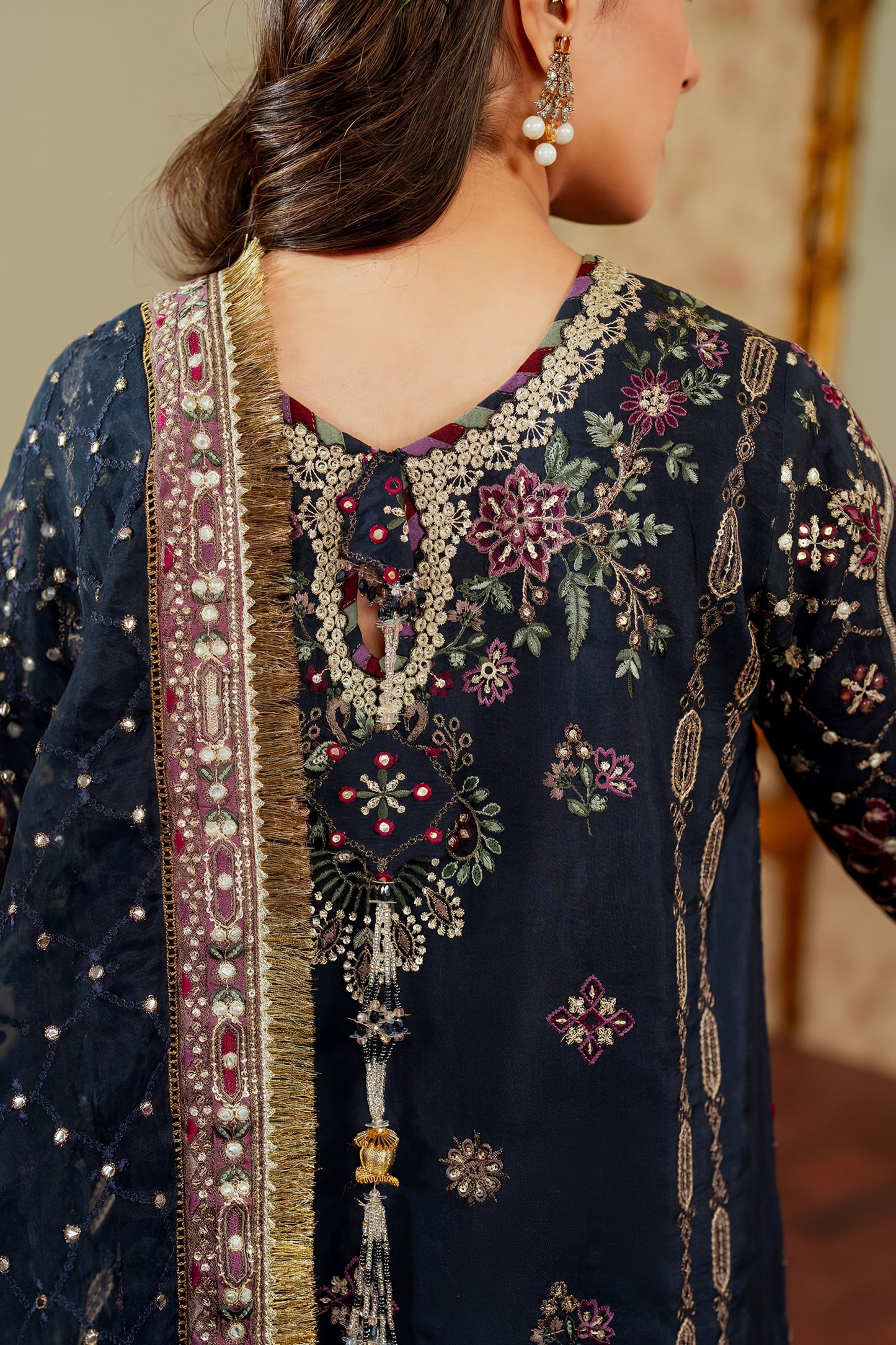 Barouq Chanttel Raw Silk Embroidered Spengle Work Suit – Heavy Embroidered Organza Dupatta & Raw Silk Trouser