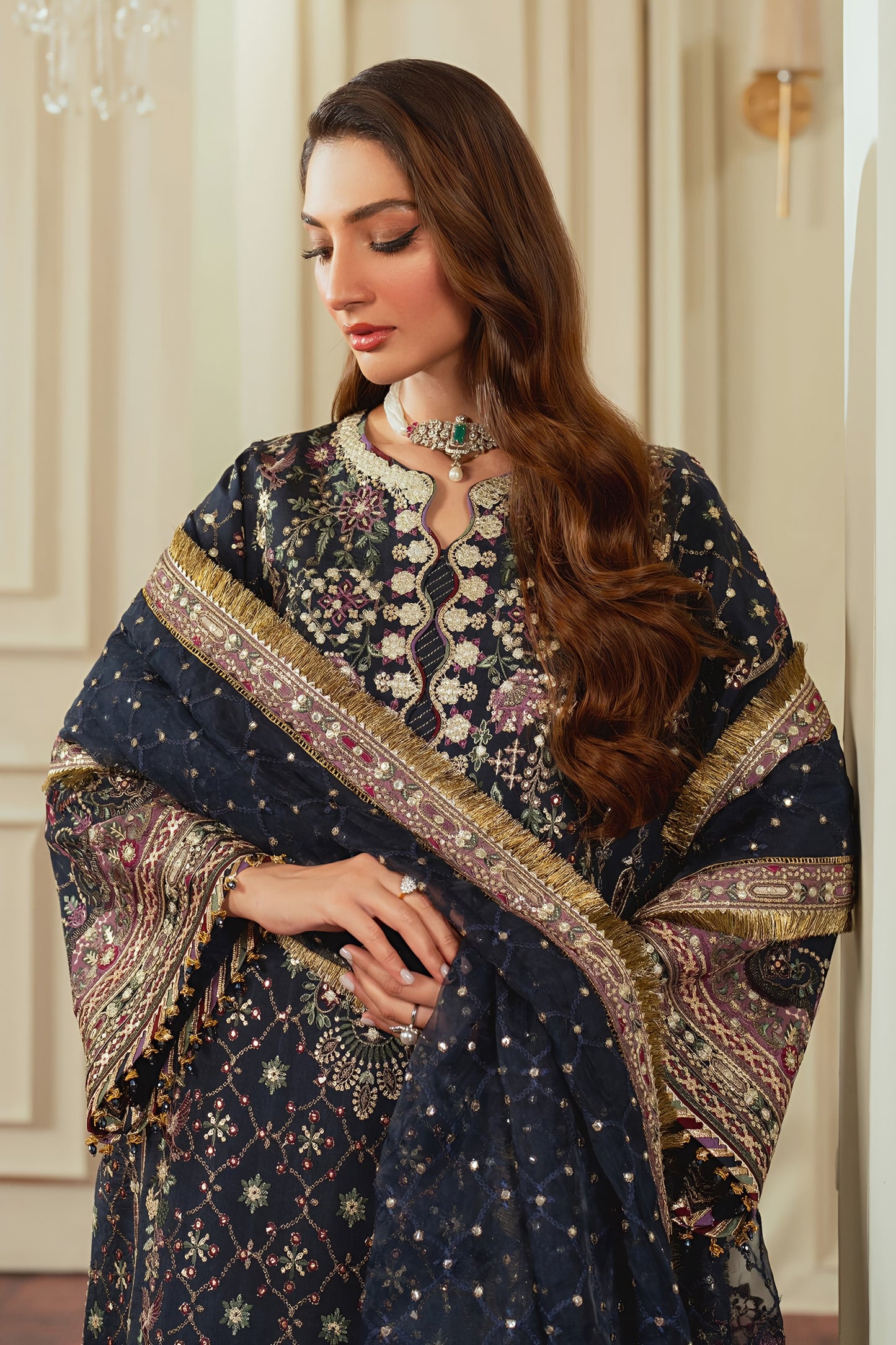Barouq Chanttel Raw Silk Embroidered Spengle Work Suit – Heavy Embroidered Organza Dupatta & Raw Silk Trouser